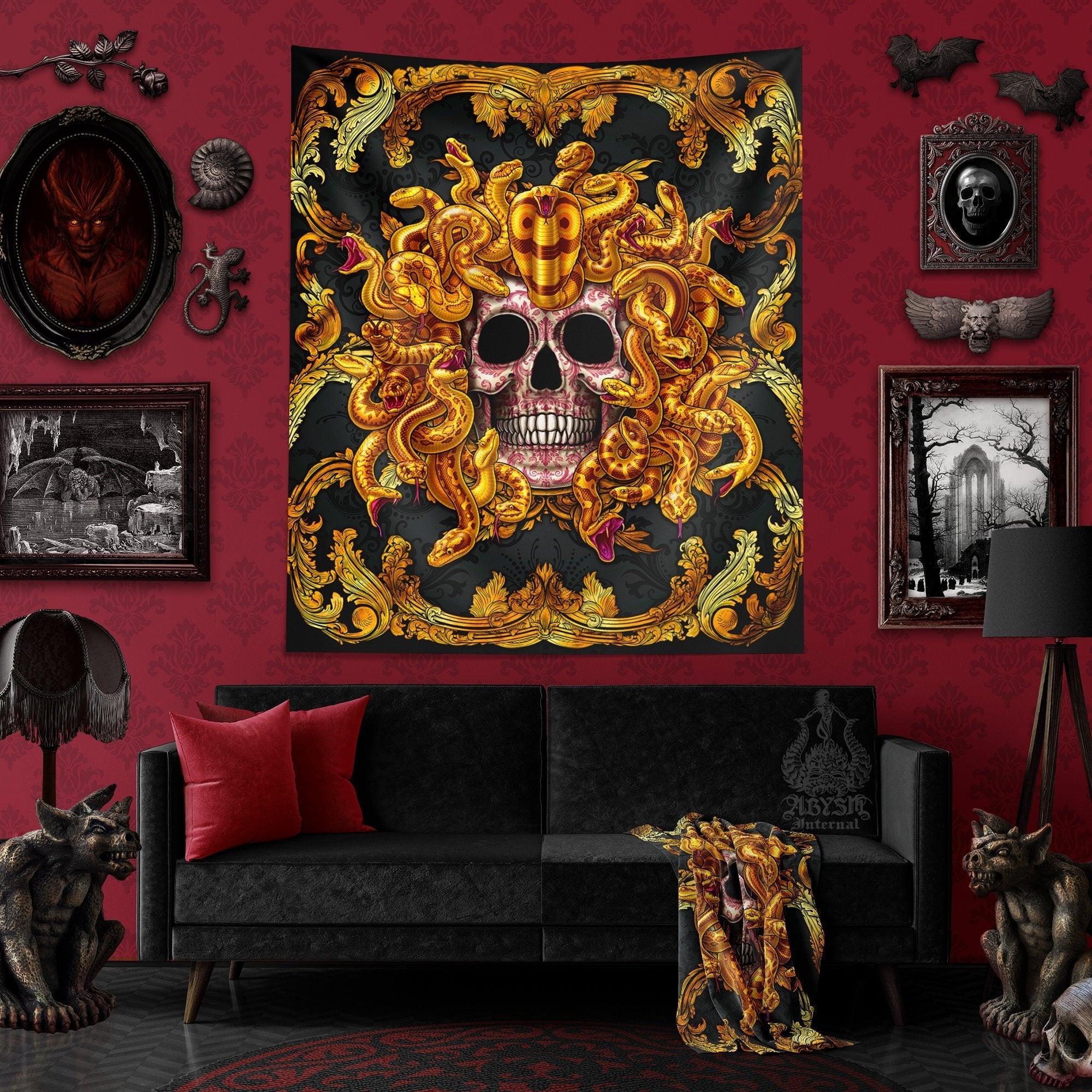 Skull Tapestry, Medusa Art Print, Macabre Decor - Gold Snakes - Abysm Internal