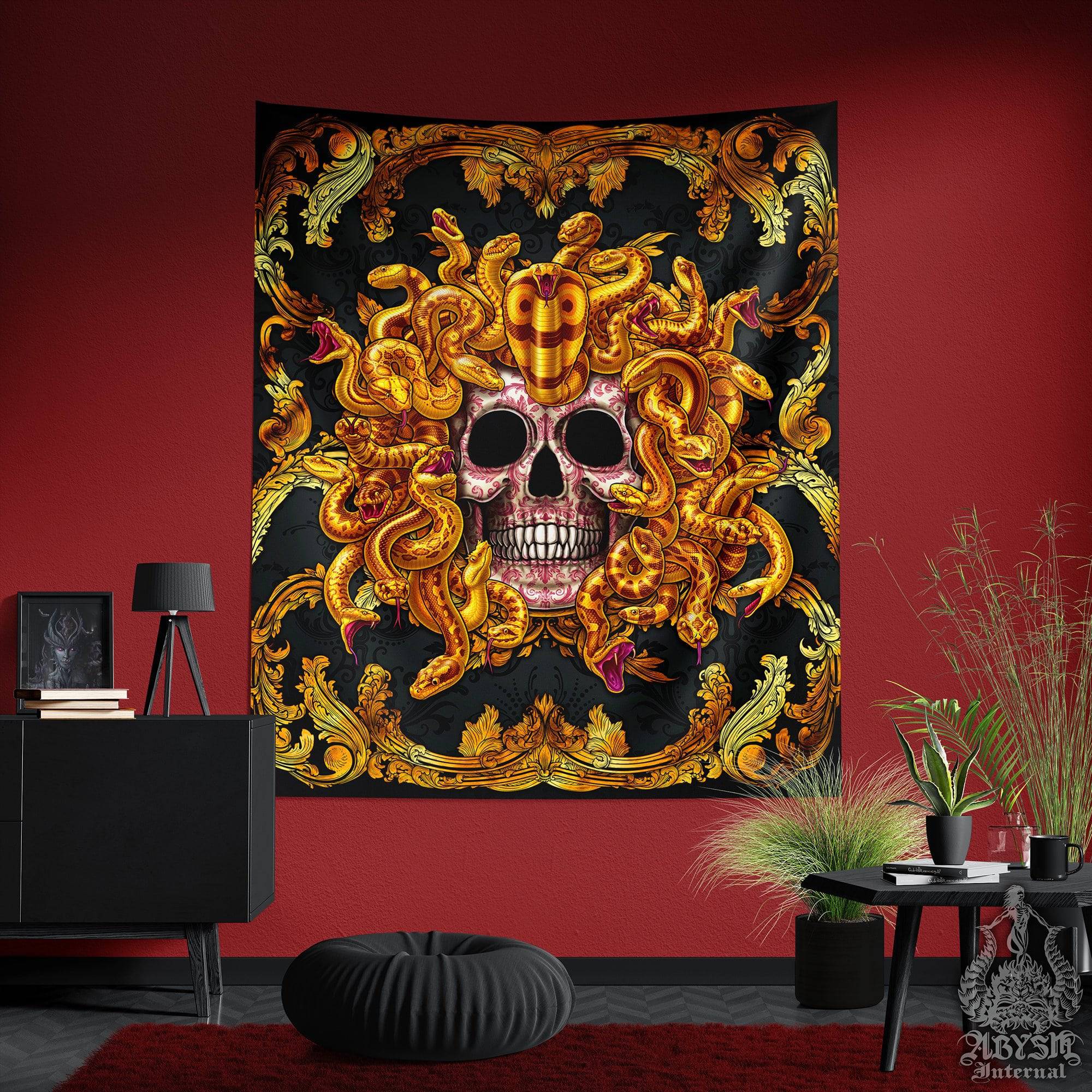 Skull Tapestry, Medusa Art Print, Macabre Decor - Gold Snakes - Abysm Internal