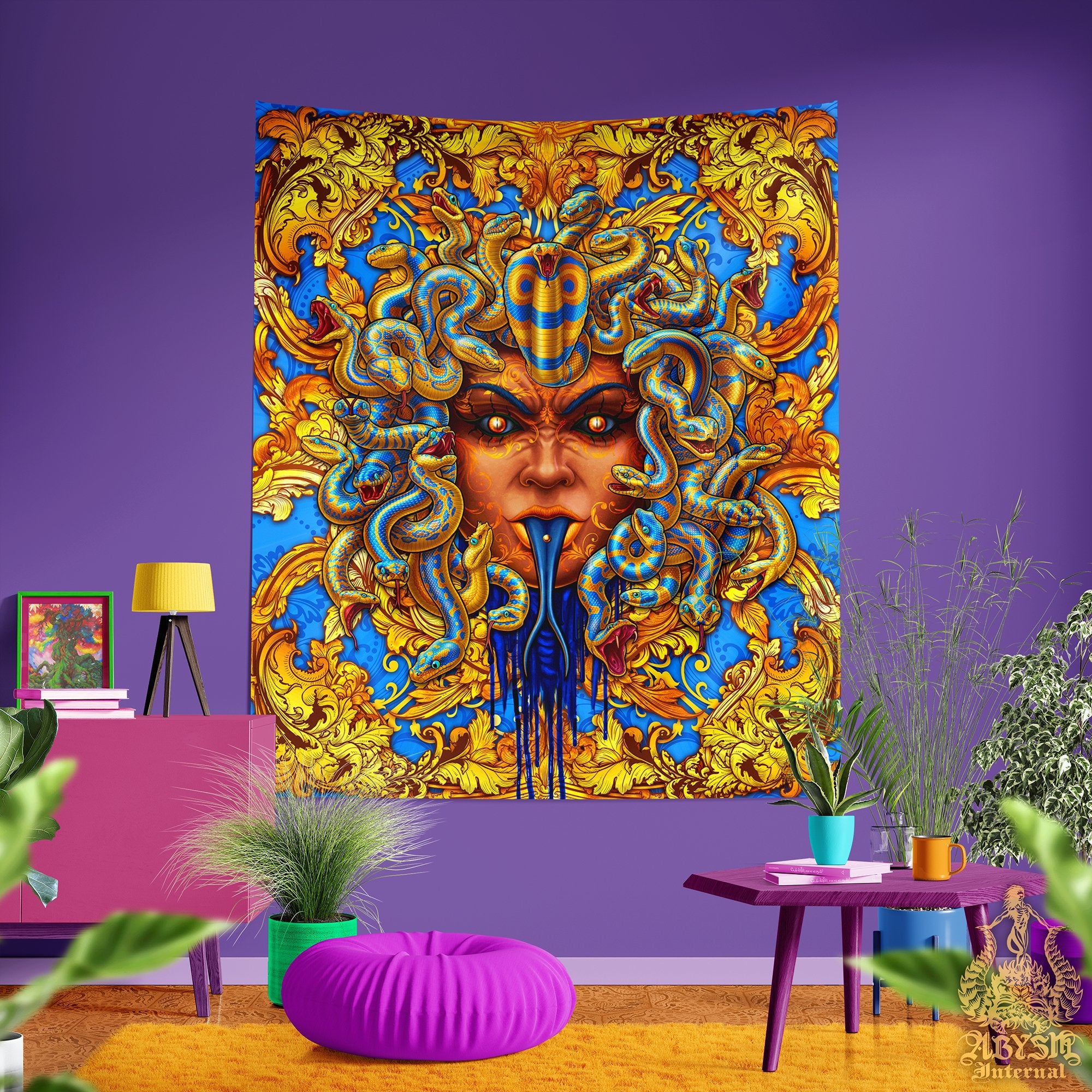 Skull Tapestry, Medusa Vertical Art Print, Macabre Decor, Eclectic and Funky - Cyan Blue & Gold Snakes, 2 Faces - Abysm Internal