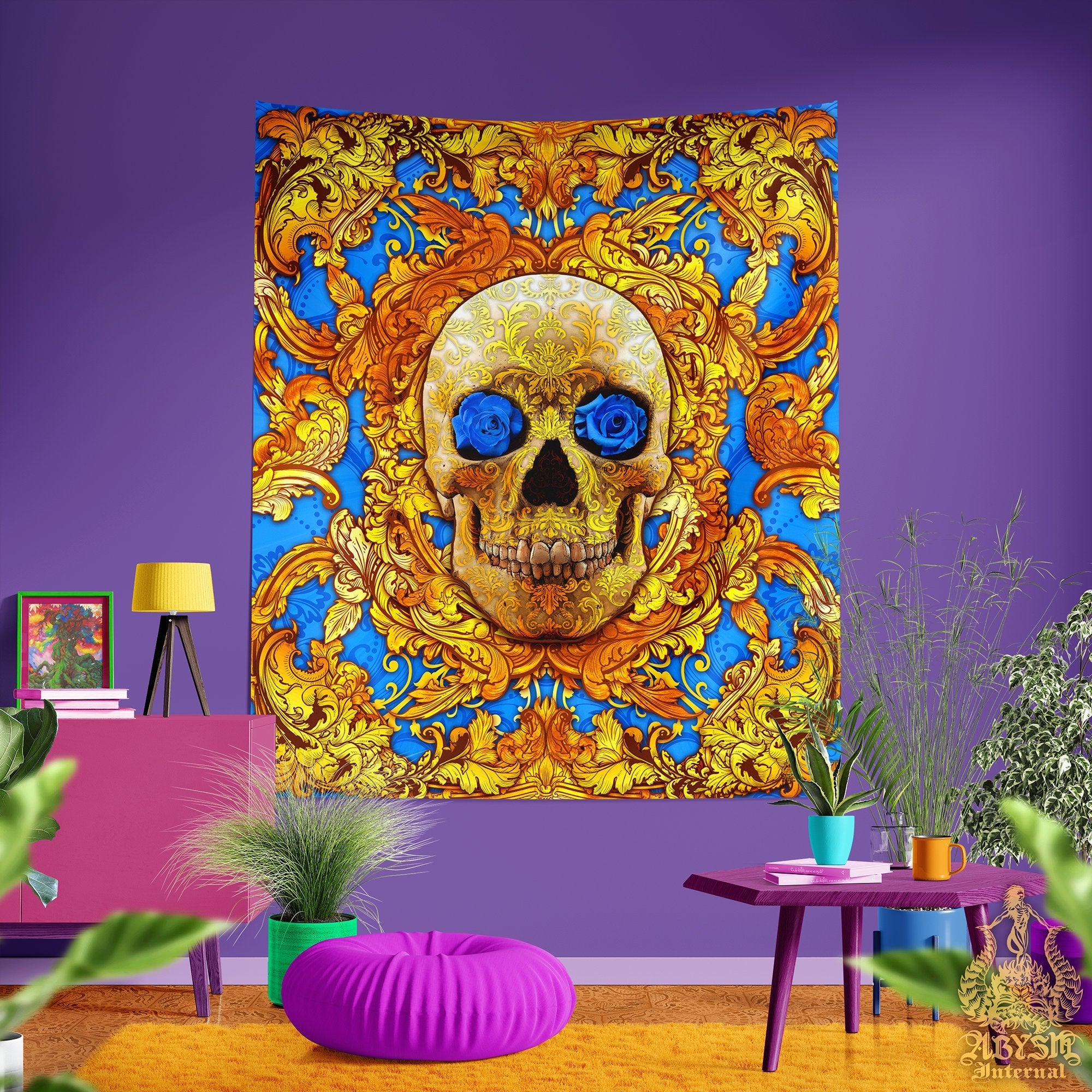 Skull Tapestry, Victorian Macabre Art Print, Baroque Decor, Eclectic and Funky - Vintage Ornaments, Cyan & Gold - Abysm Internal