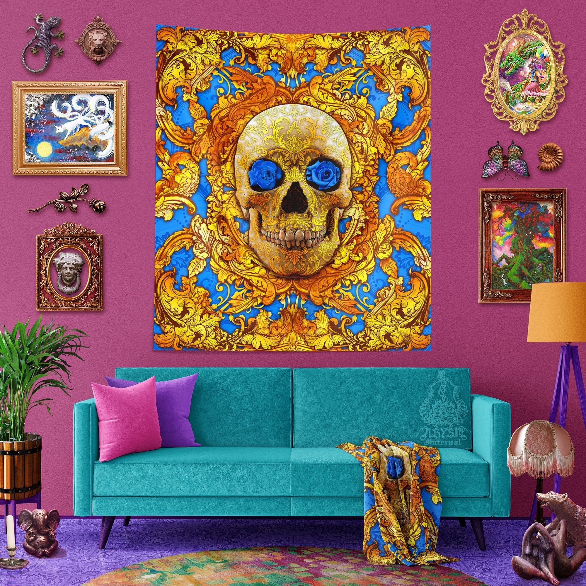 Skull Tapestry, Victorian Macabre Art Print, Baroque Decor, Eclectic and Funky - Vintage Ornaments, Cyan & Gold - Abysm Internal