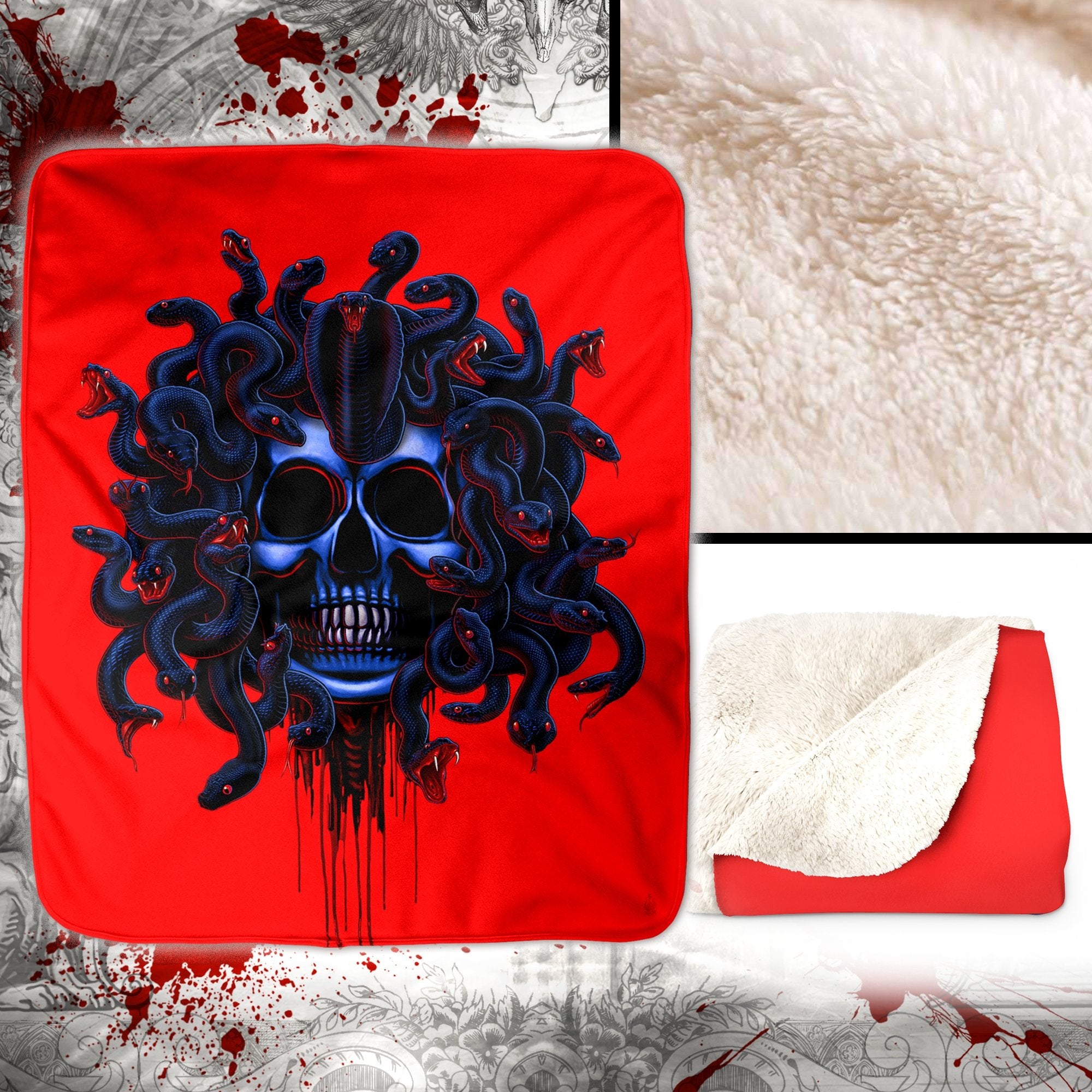 Skull Throw Fleece Blanket, Alternative Horror Decor, Alternative Art Gift - Medusa, Goth Neon - Abysm Internal