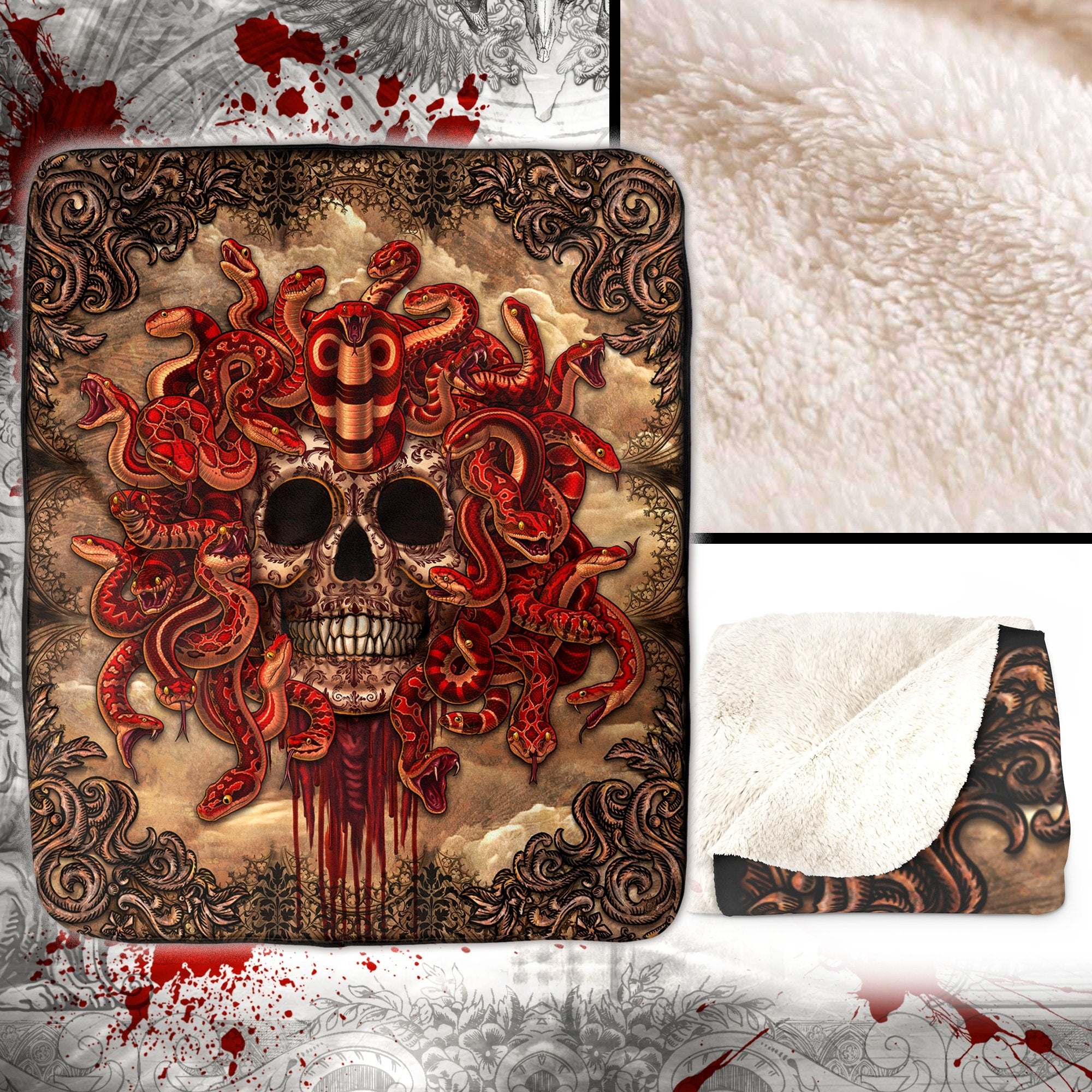 Skull Throw Fleece Blanket, Gothic Horror Home Decor, Alternative Art Gift - Medusa, Beige & Red Snakes - Abysm Internal
