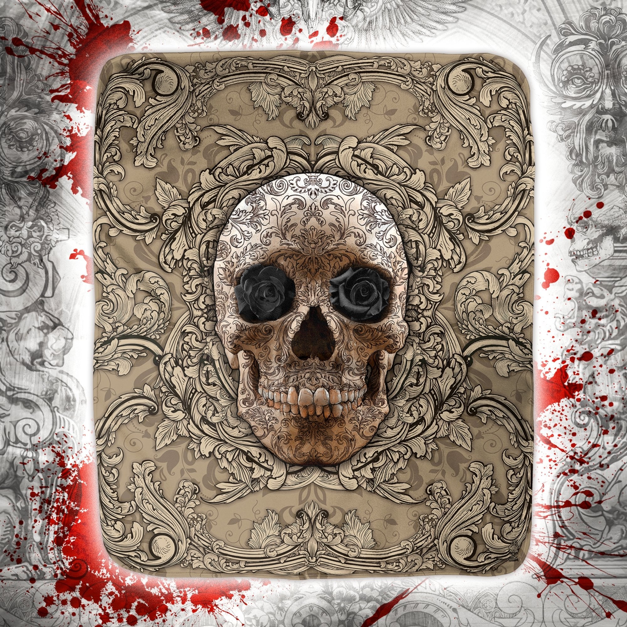 Skull Throw Fleece Blanket, Macabre Art, Alternative Home Decor, Eclectic and Funky Gift - Cream - Abysm Internal