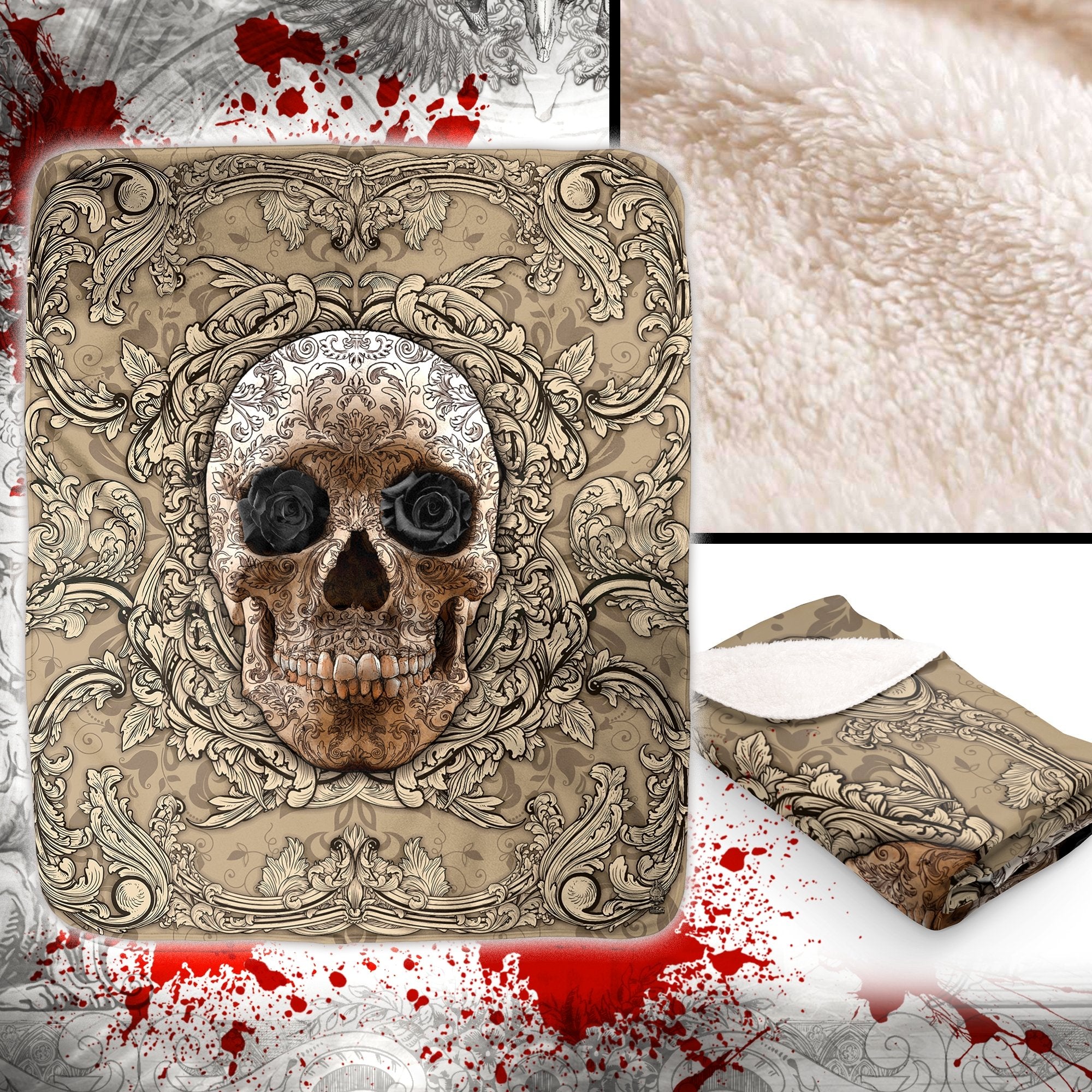 Skull Throw Fleece Blanket, Macabre Art, Alternative Home Decor, Eclectic and Funky Gift - Cream - Abysm Internal