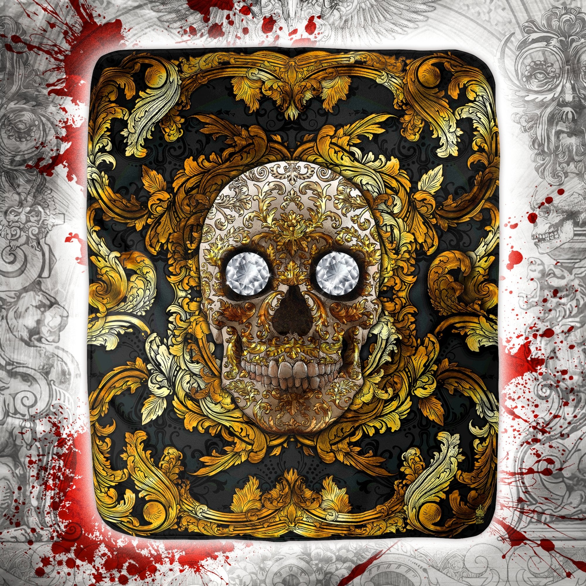 Skull Throw Fleece Blanket, Macabre Art, Baroque Decor - Gold - Abysm Internal