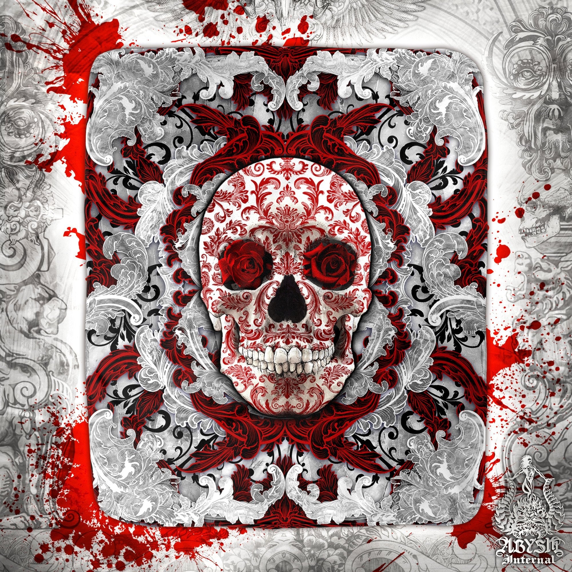 Skull Throw Fleece Blanket, Macabre Art, Gothic Room Decor - Bloody White Goth - Abysm Internal