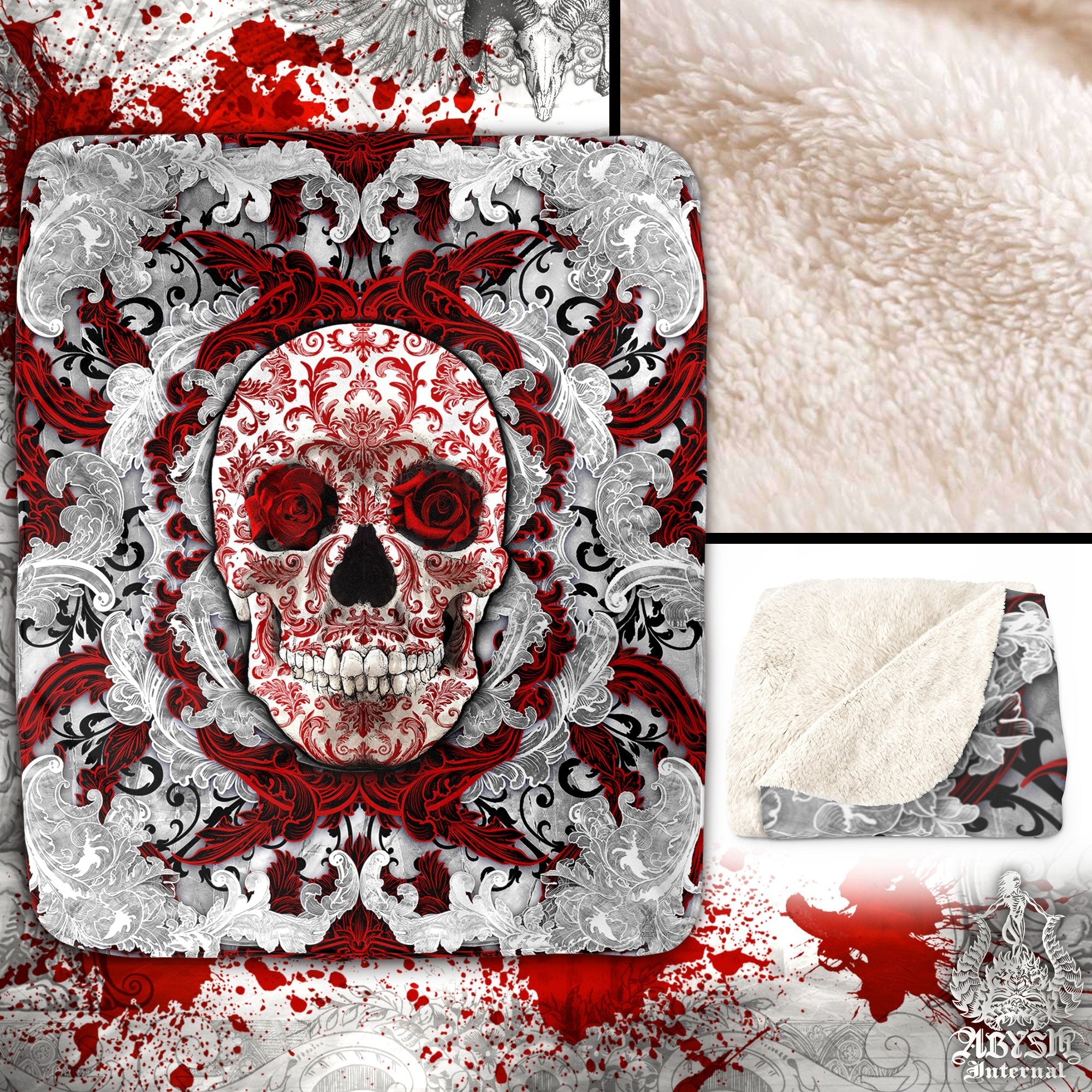 Skull Throw Fleece Blanket, Macabre Art, Gothic Room Decor - Bloody White Goth - Abysm Internal