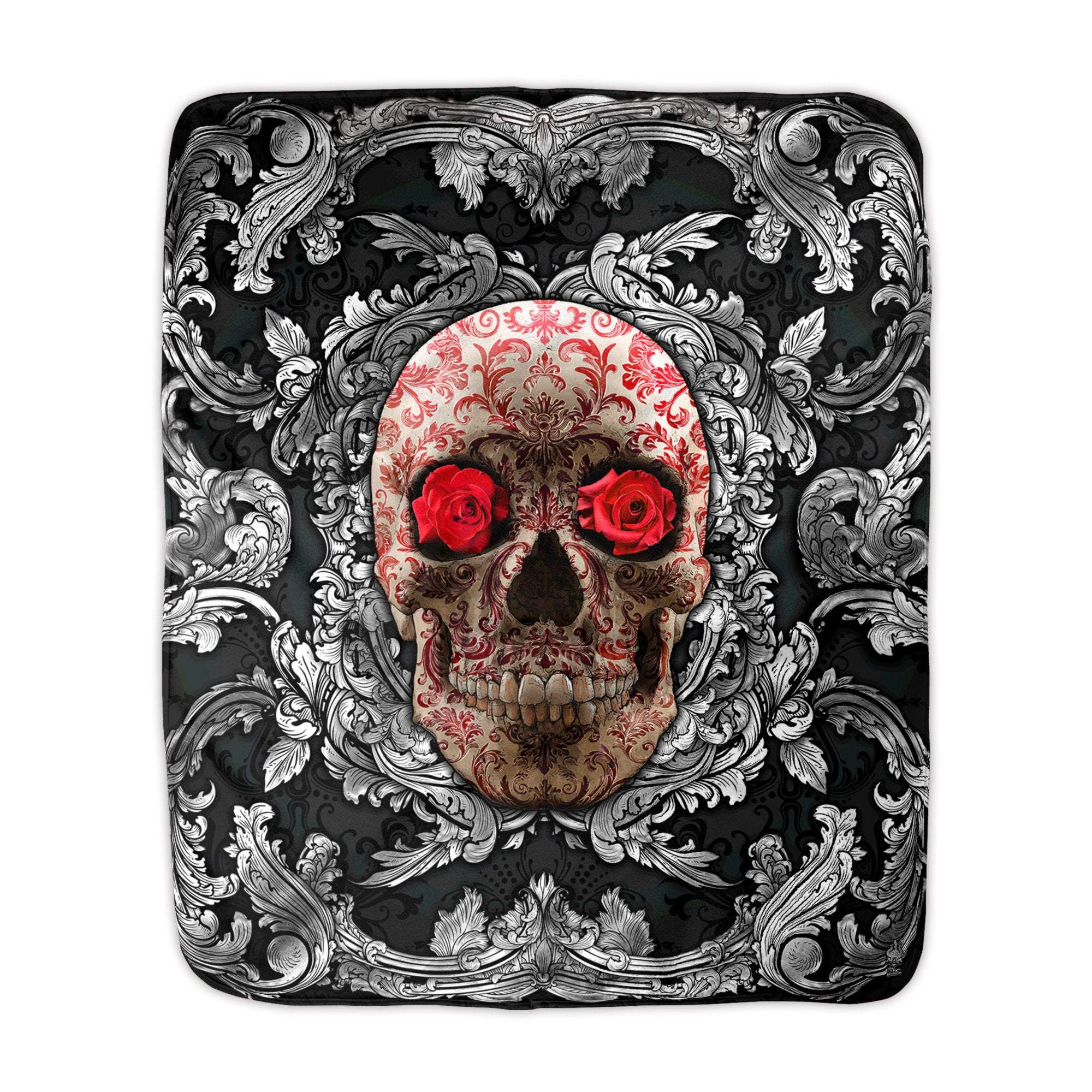 Skull Throw Fleece Blanket, Macabre Art, Victorian Decor - Silver & Red Roses - Abysm Internal
