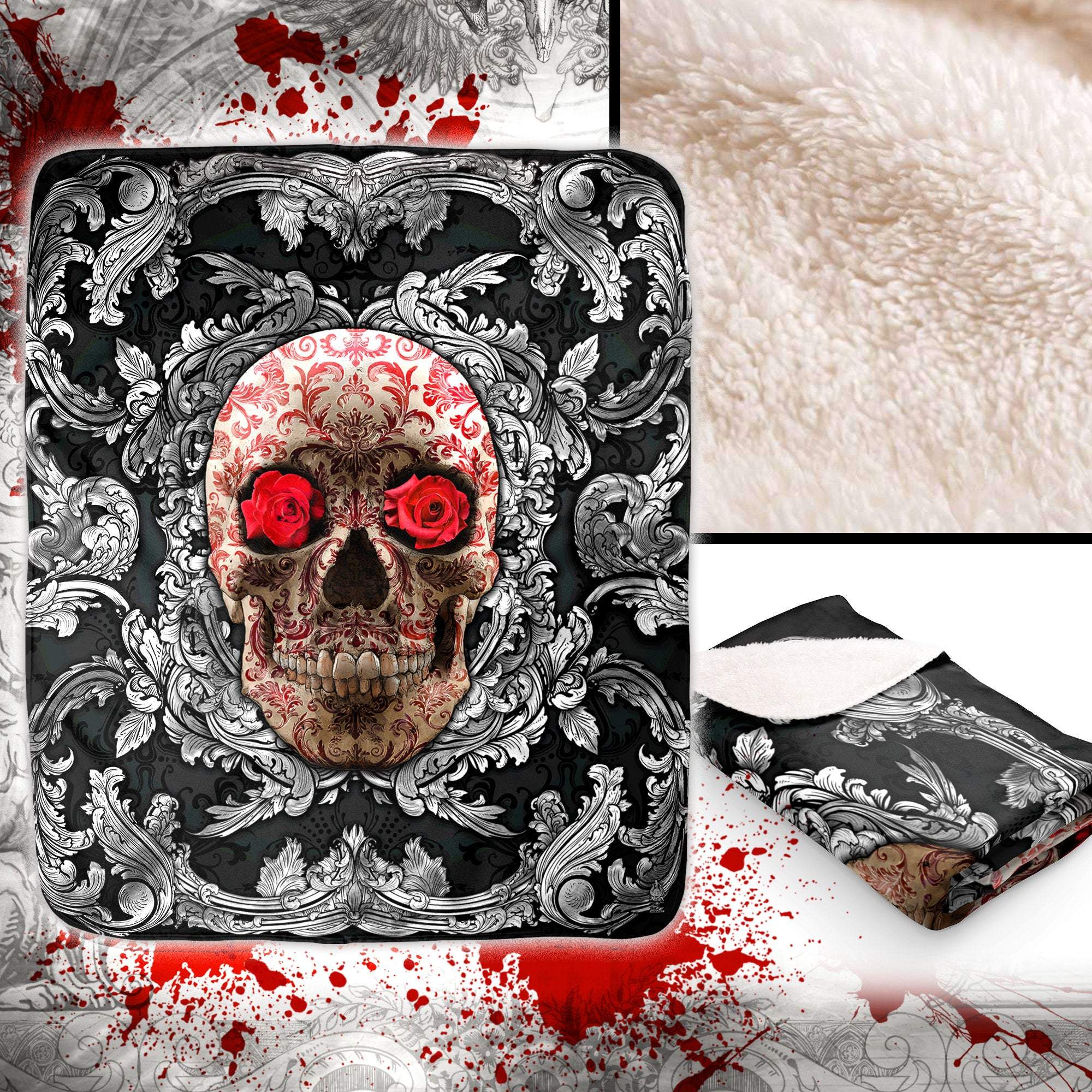 Skull Throw Fleece Blanket, Macabre Art, Victorian Decor - Silver & Red Roses - Abysm Internal