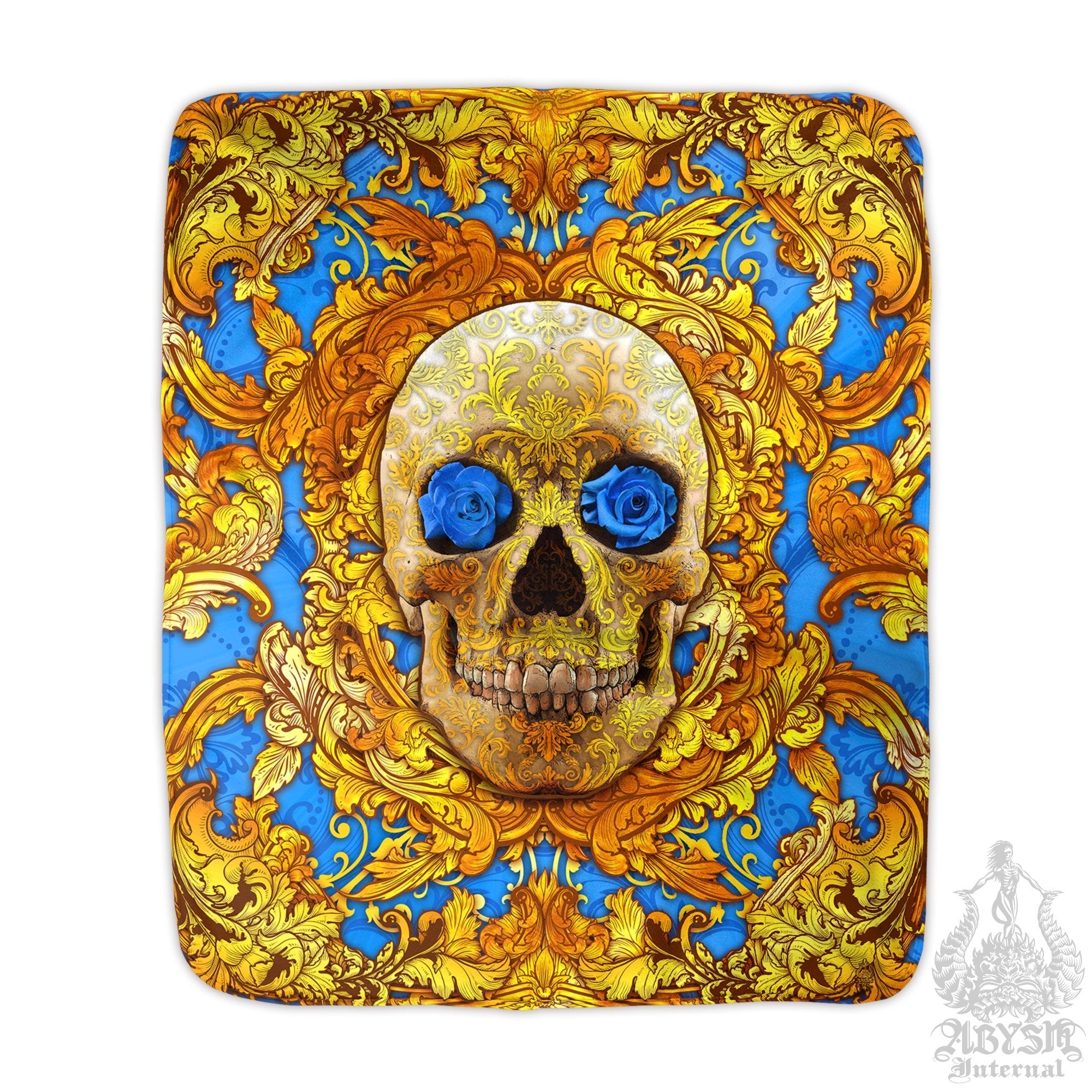 Skull Throw Fleece Blanket, Vintage Art, Baroque and Victorian Decor, Eclectic and Funky Gift - Cyan & Gold - Abysm Internal