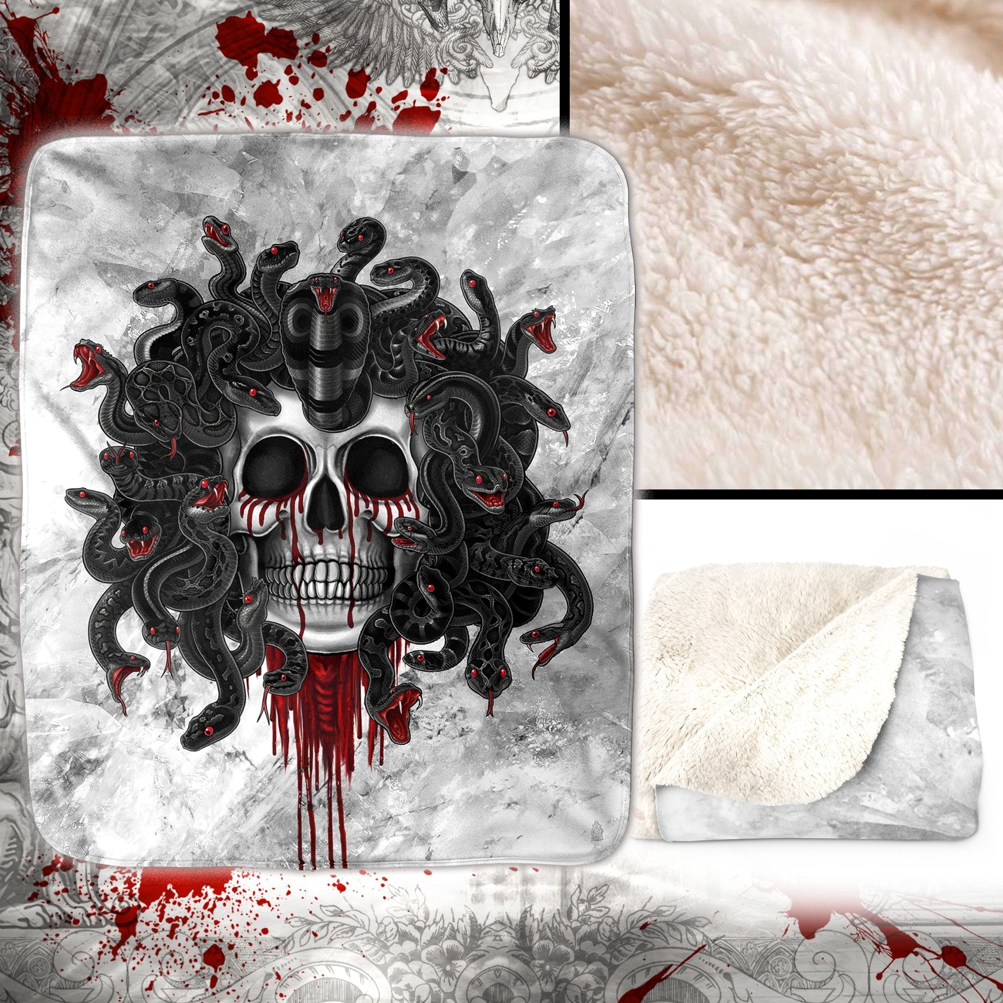 Skull Throw Fleece Blanket, White Goth Home Decor, Alternative Art Gift - Medusa, Black Snakes - Abysm Internal