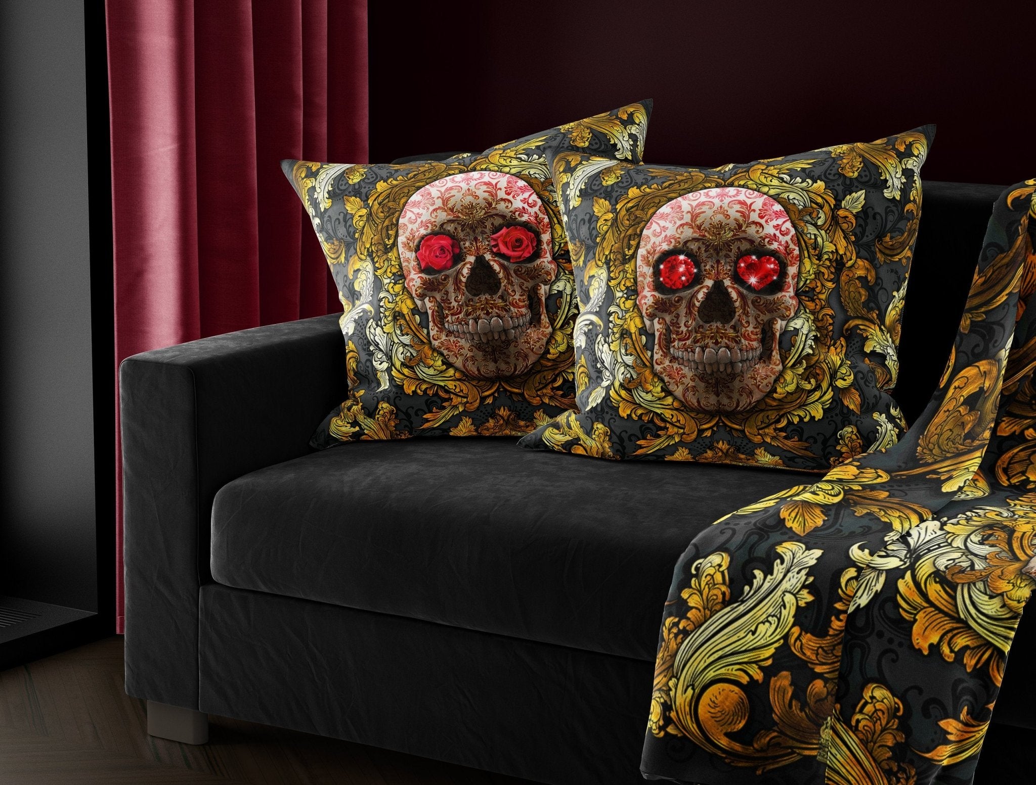 Skull Throw Pillow, Decorative Accent Cushion, Baroque, Vintage Decor, Macabre Art, Alternative Home, Funky and Eclectic Decor - Gold & Red Roses - Abysm Internal