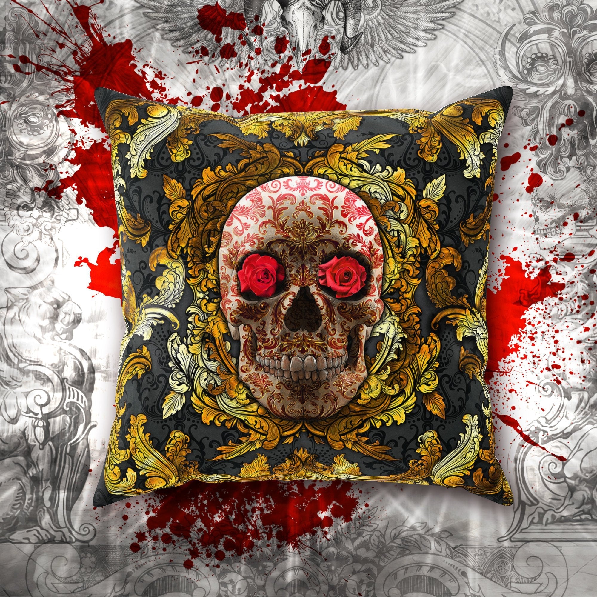 Skull Throw Pillow, Decorative Accent Cushion, Baroque, Vintage Decor, Macabre Art, Alternative Home, Funky and Eclectic Decor - Gold & Red Roses - Abysm Internal