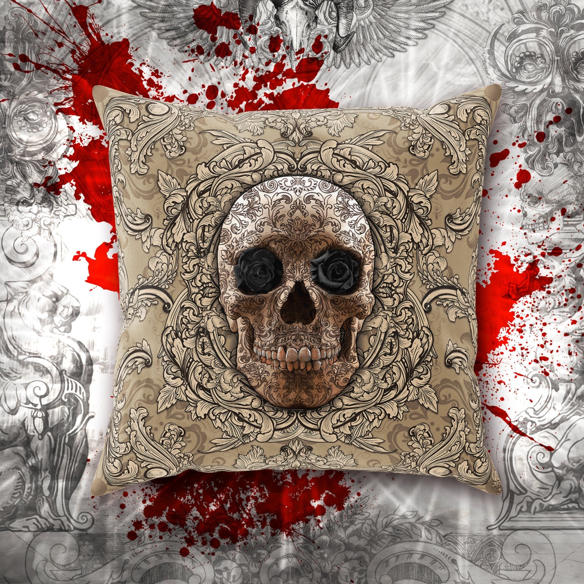 Skull Throw Pillow, Decorative Accent Cushion, Goth Room Decor, Macabre Art, Alternative Home - Cream - Abysm Internal