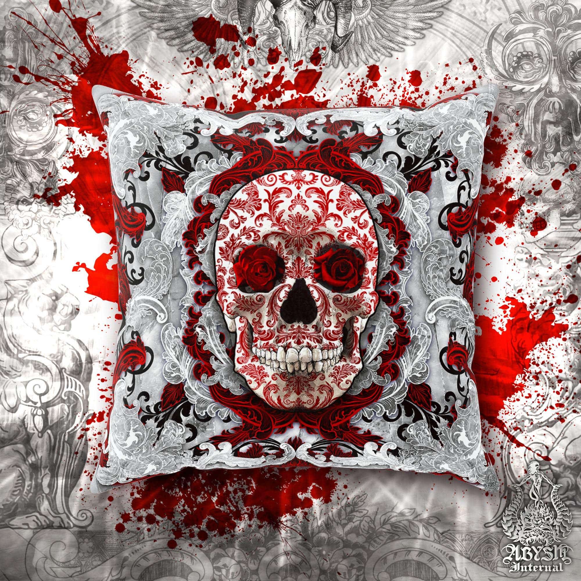 Skull Throw Pillow, Decorative Accent Cushion, Gothic Room Decor, Macabre Art, Alternative Home - Bloody White Goth - Abysm Internal