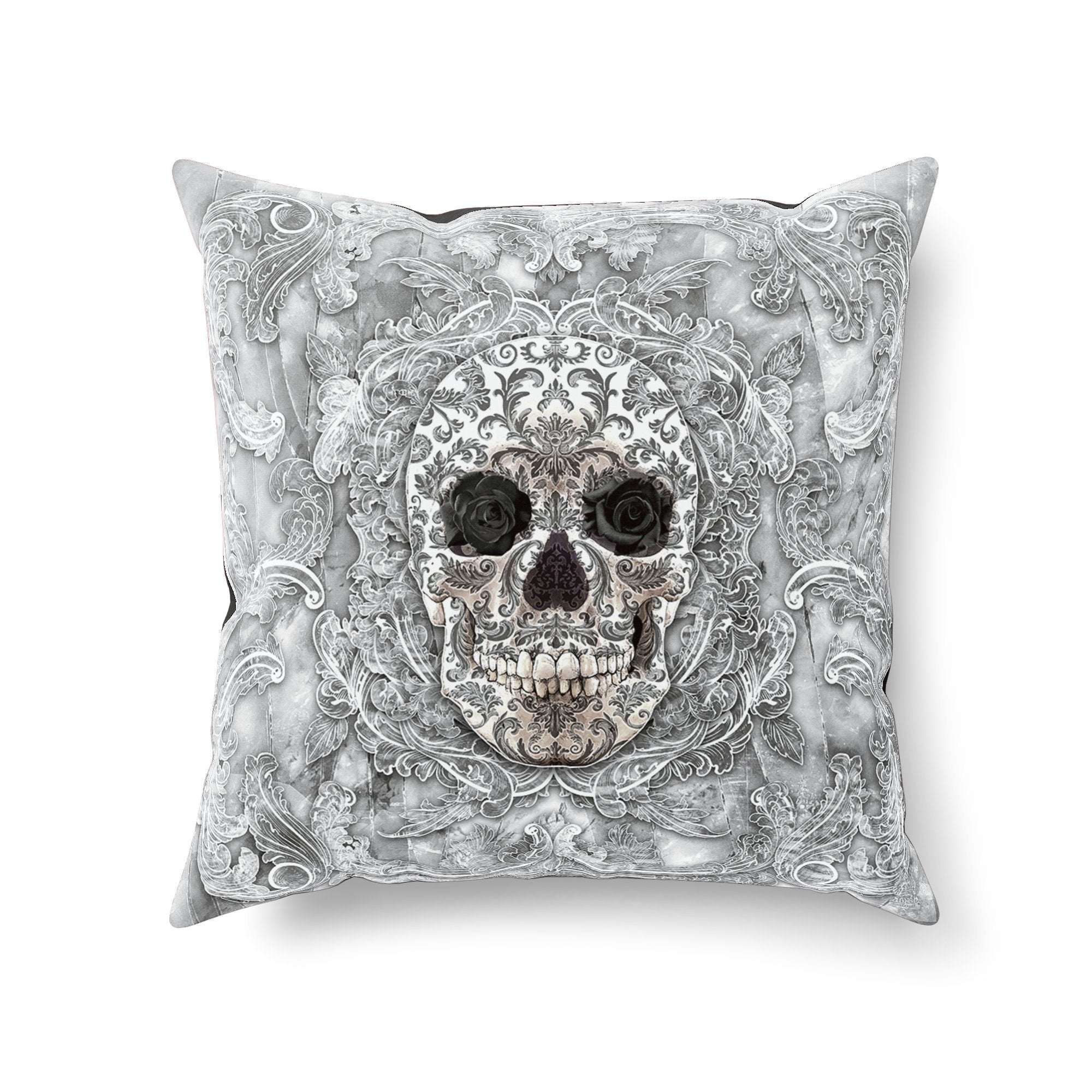 Skull Throw Pillow, Decorative Accent Cushion, Horror and White Goth Room Decor, Macabre Art, Alternative Home - Stone - Abysm Internal