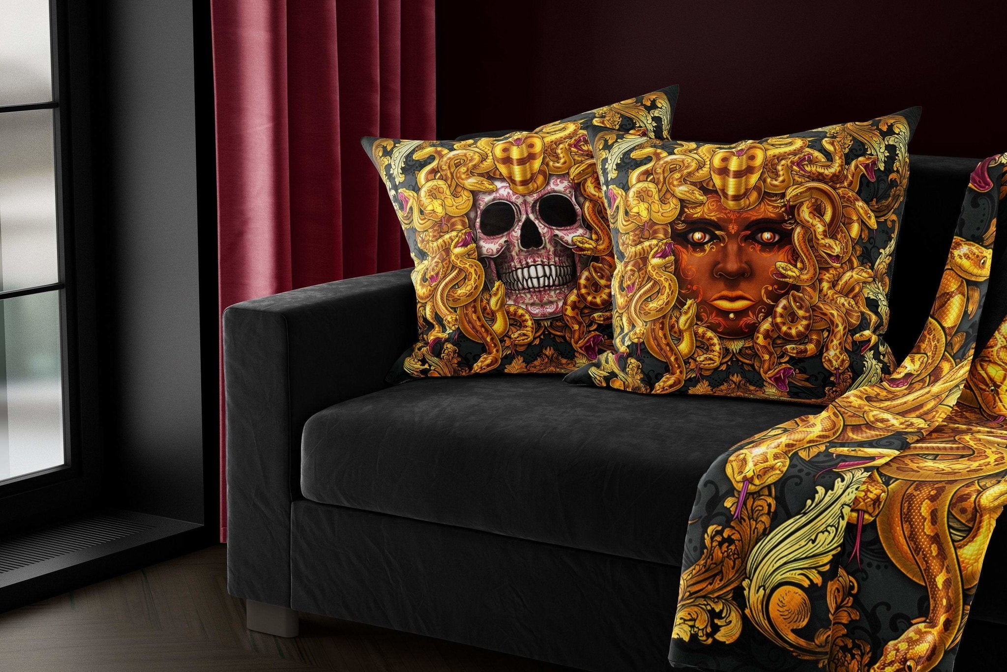 Skull Throw Pillow, Decorative Accent Cushion, Medusa, Game Room Decor, Macabre Art, Alternative Home - Gold Snakes - Abysm Internal