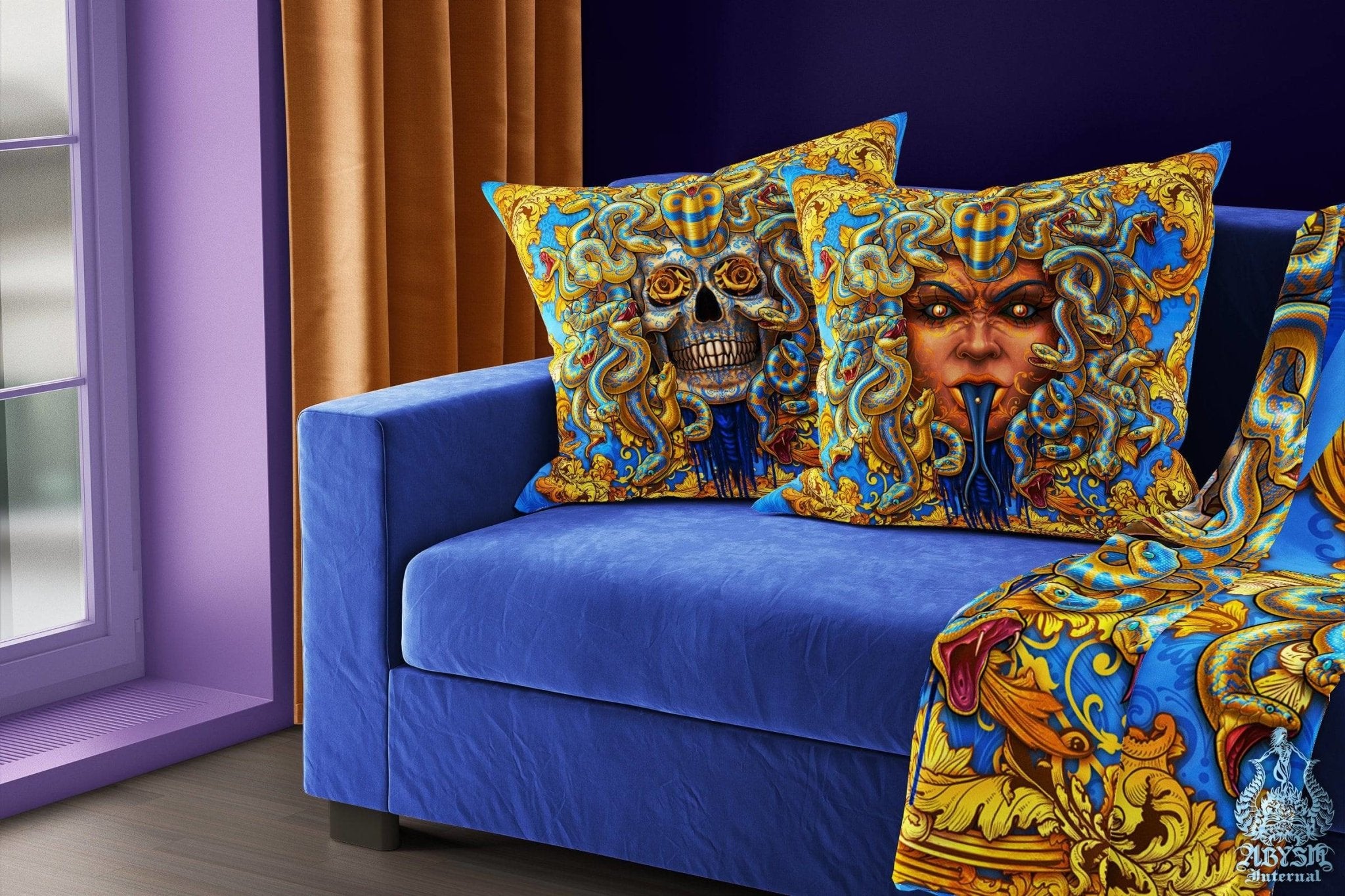 Skull Throw Pillow, Decorative Accent Cushion, Medusa, Game Room Decor, Macabre Art, Funky and Eclectic Home - Cyan & Gold Snakes - Abysm Internal