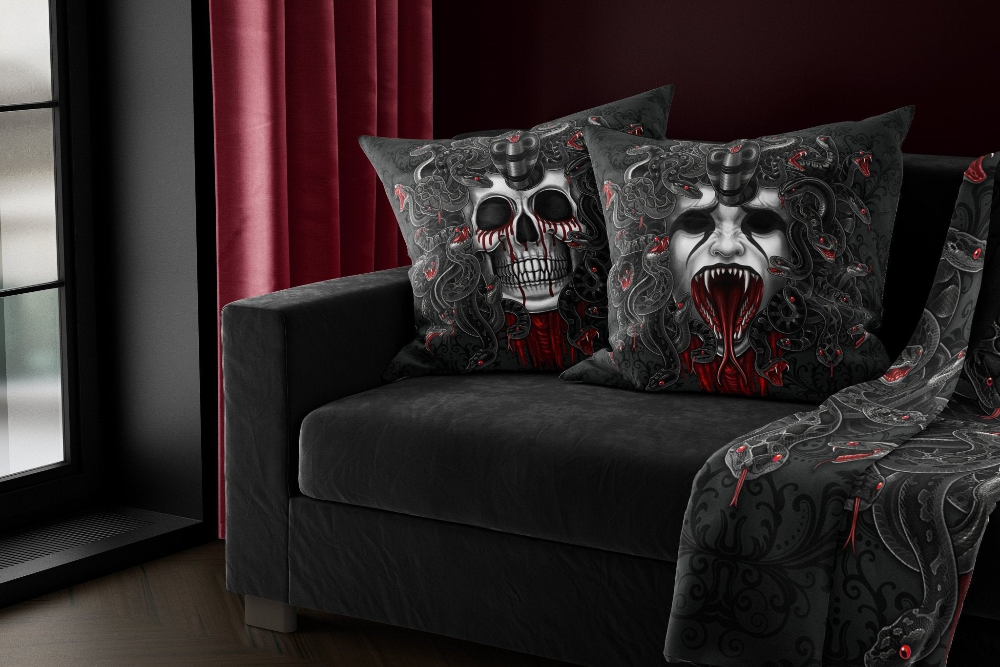 Skull Throw Pillow, Decorative Accent Cushion, Medusa, Nu Goth Room Decor, Macabre Art, Alternative Home - Gothic, Black Snakes - Abysm Internal