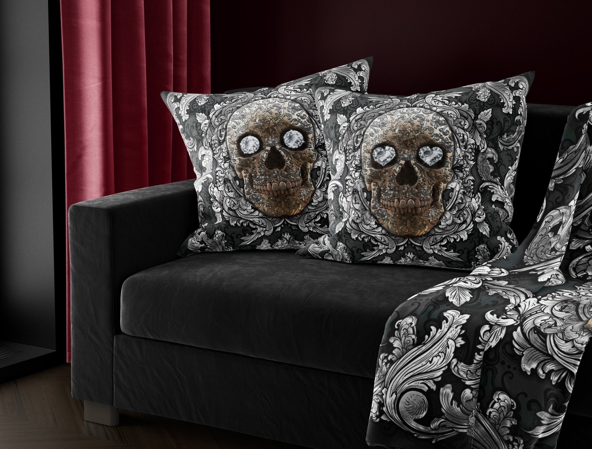 Skull Throw Pillow, Decorative Accent Cushion, Victorian Goth Room Decor, Macabre Art, Alternative Home, Funky and Eclectic - Silver & Diamonds - Abysm Internal