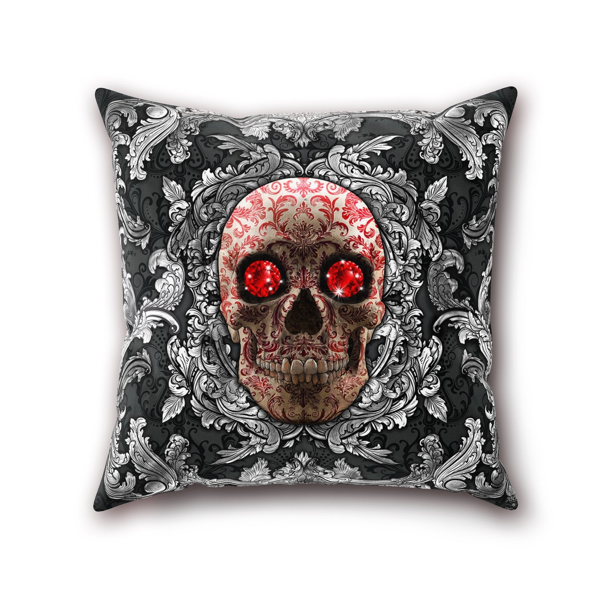 Skull Throw Pillow, Decorative Accent Cushion, Vintage, Baroque Decor, Macabre Art, Alternative Home, Funky and Eclectic Decor - Silver & Red Roses - Abysm Internal