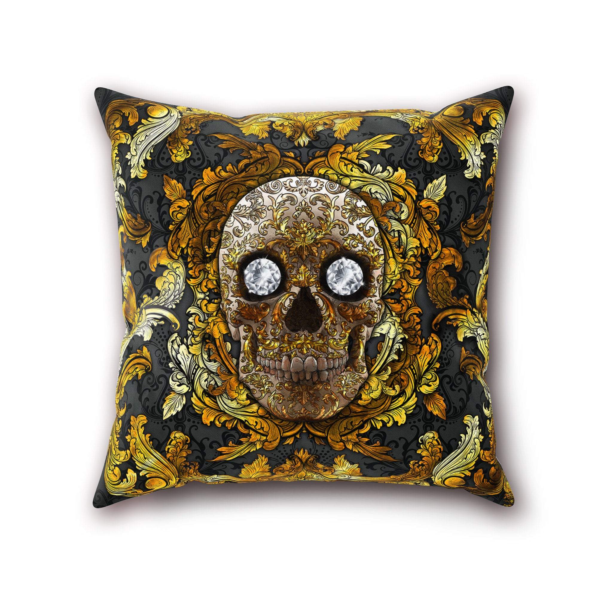 Skull Throw Pillow, Decorative Accent Cushion, Vintage, Baroque Decor, Macabre Art, Alternative Home, Funky and Eclectic - Gold & Diamonds - Abysm Internal