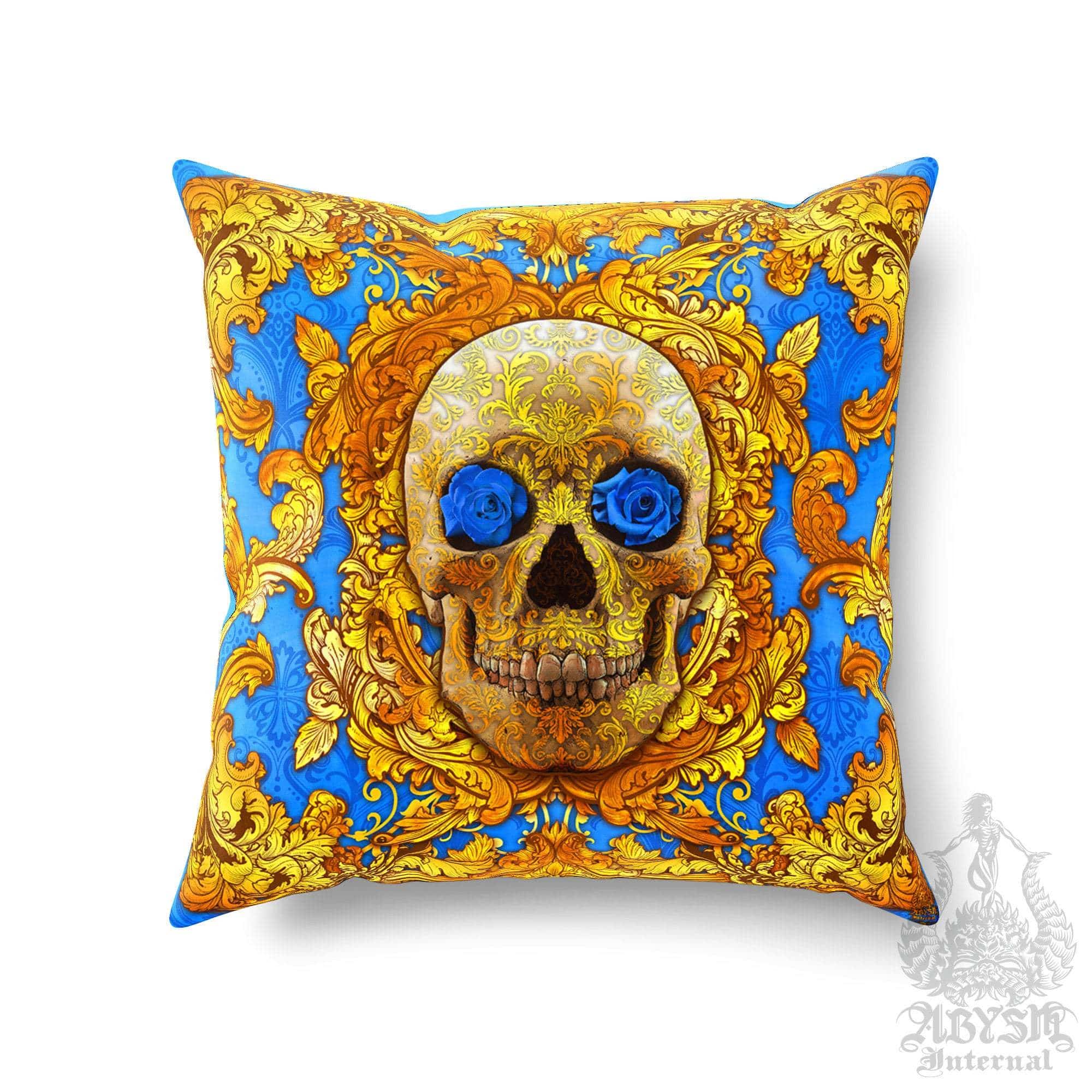 Skull Throw Pillow, Decorative Accent Cushion, Vintage, Baroque Decor, Macabre Art, Funky and Eclectic Home - Cyan & Gold - Abysm Internal