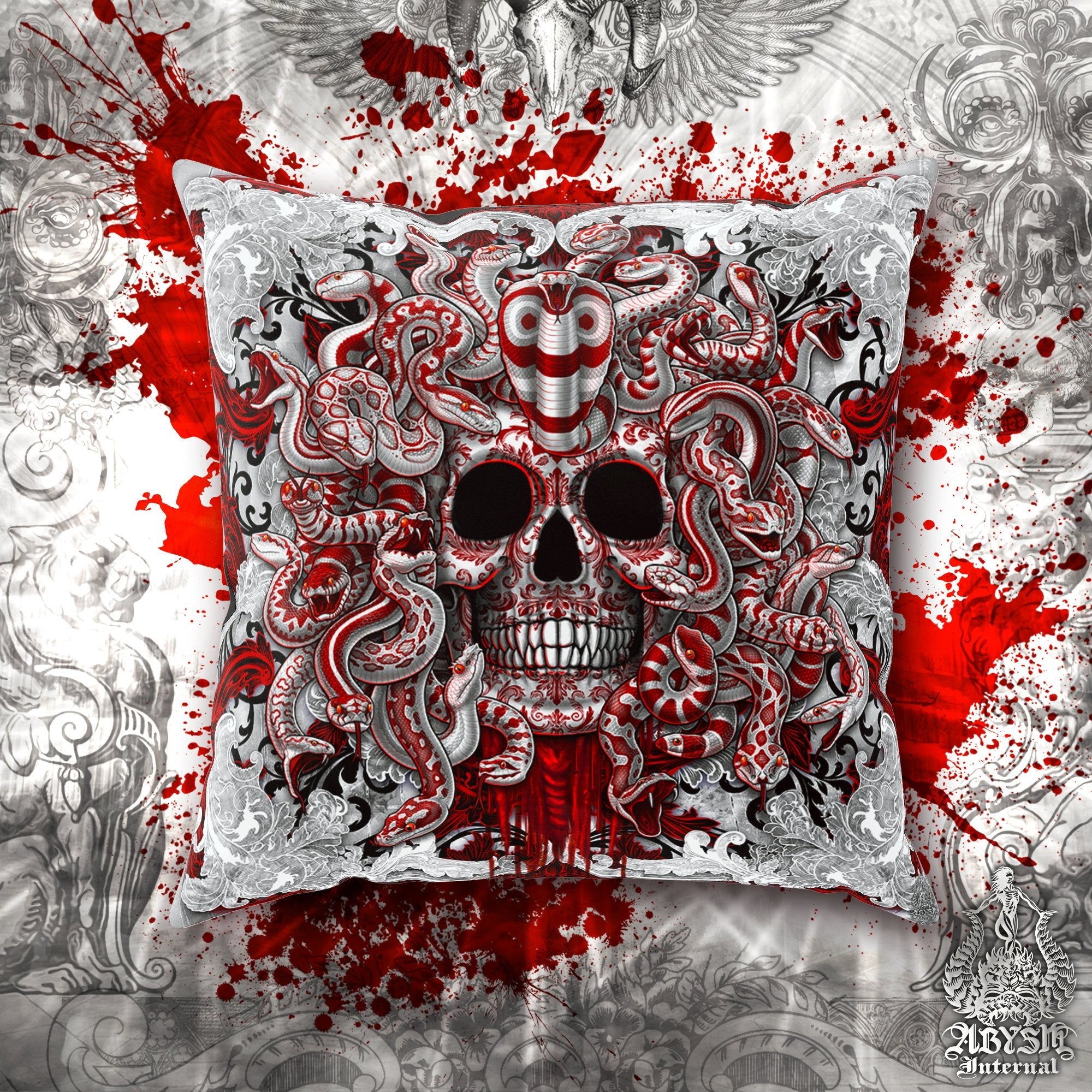 Skull Throw Pillow, Decorative Accent Cushion, White Goth Room Decor, Horror and Gothic Art, Alternative Home - Bloody White Medusa Snakes - Abysm Internal