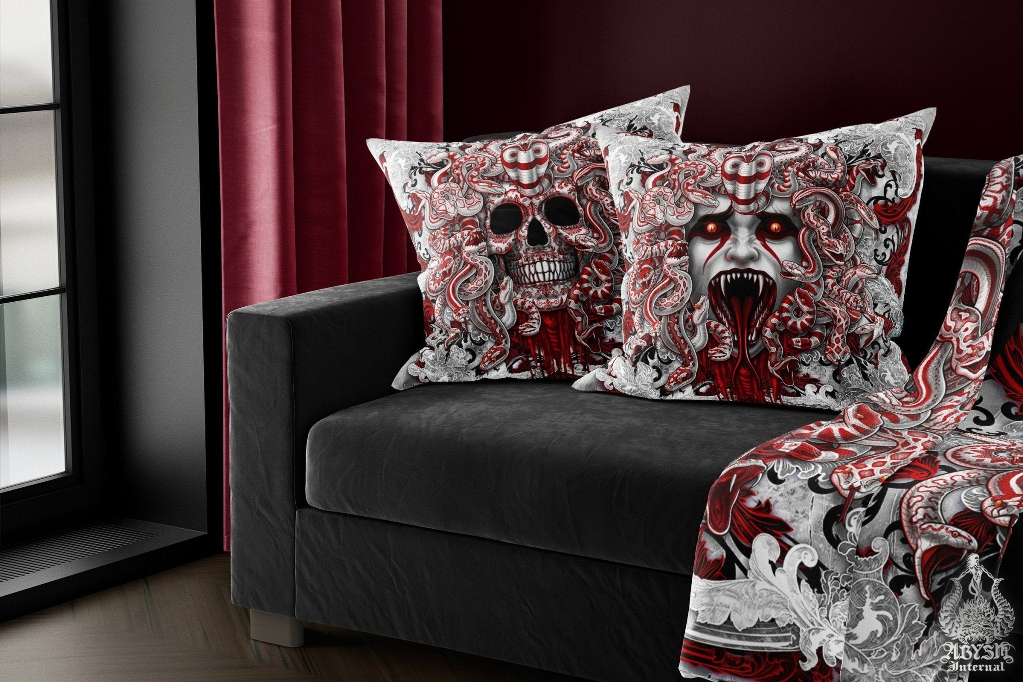 Skull Throw Pillow, Decorative Accent Cushion, White Goth Room Decor, Horror and Gothic Art, Alternative Home - Bloody White Medusa Snakes - Abysm Internal
