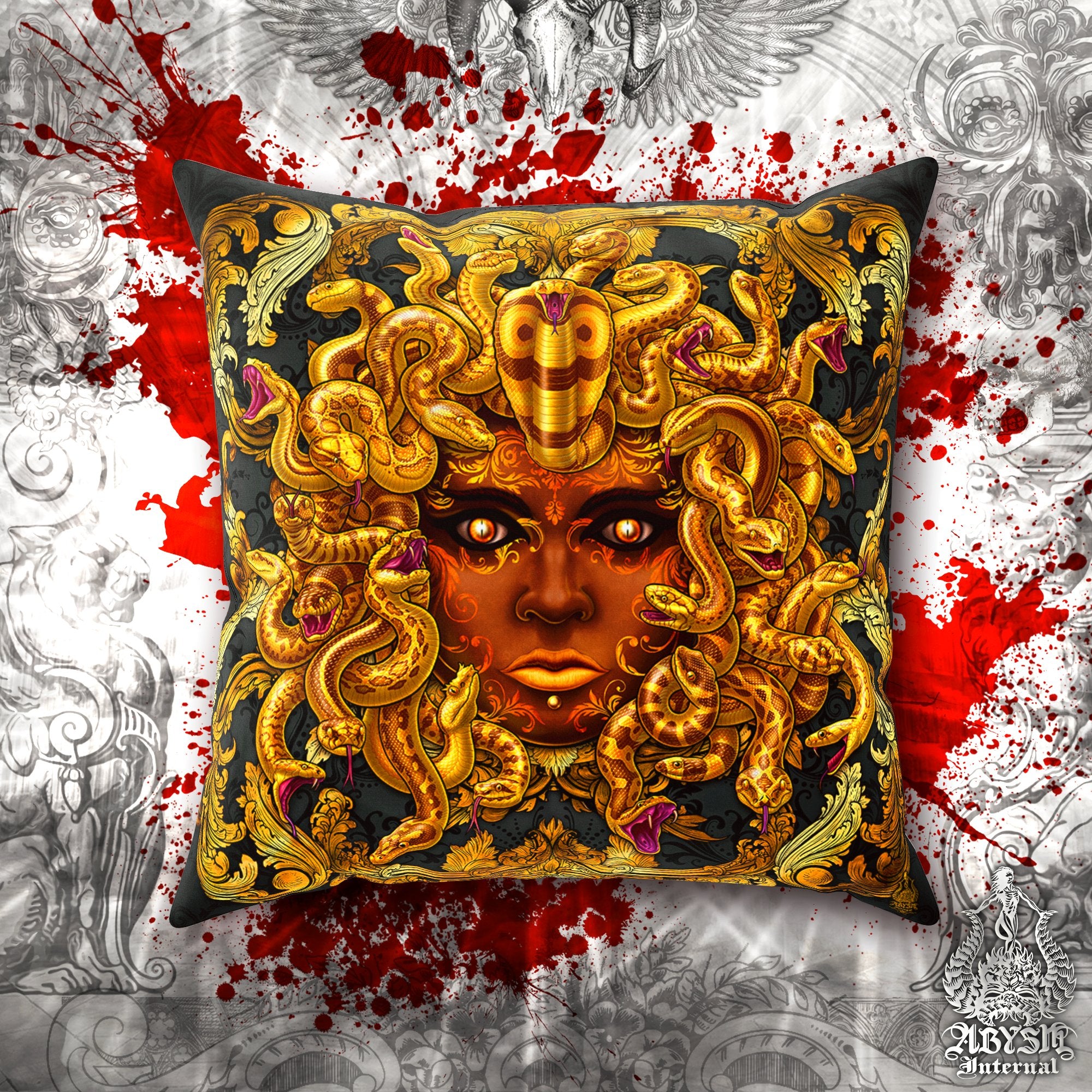 Skull Throw Pillow, Decorative Accent Pillow, Square Cushion Cover, Medusa, Game Room Decor, Macabre Art, Alternative Home - Gold Snakes, 2 Faces - Abysm Internal