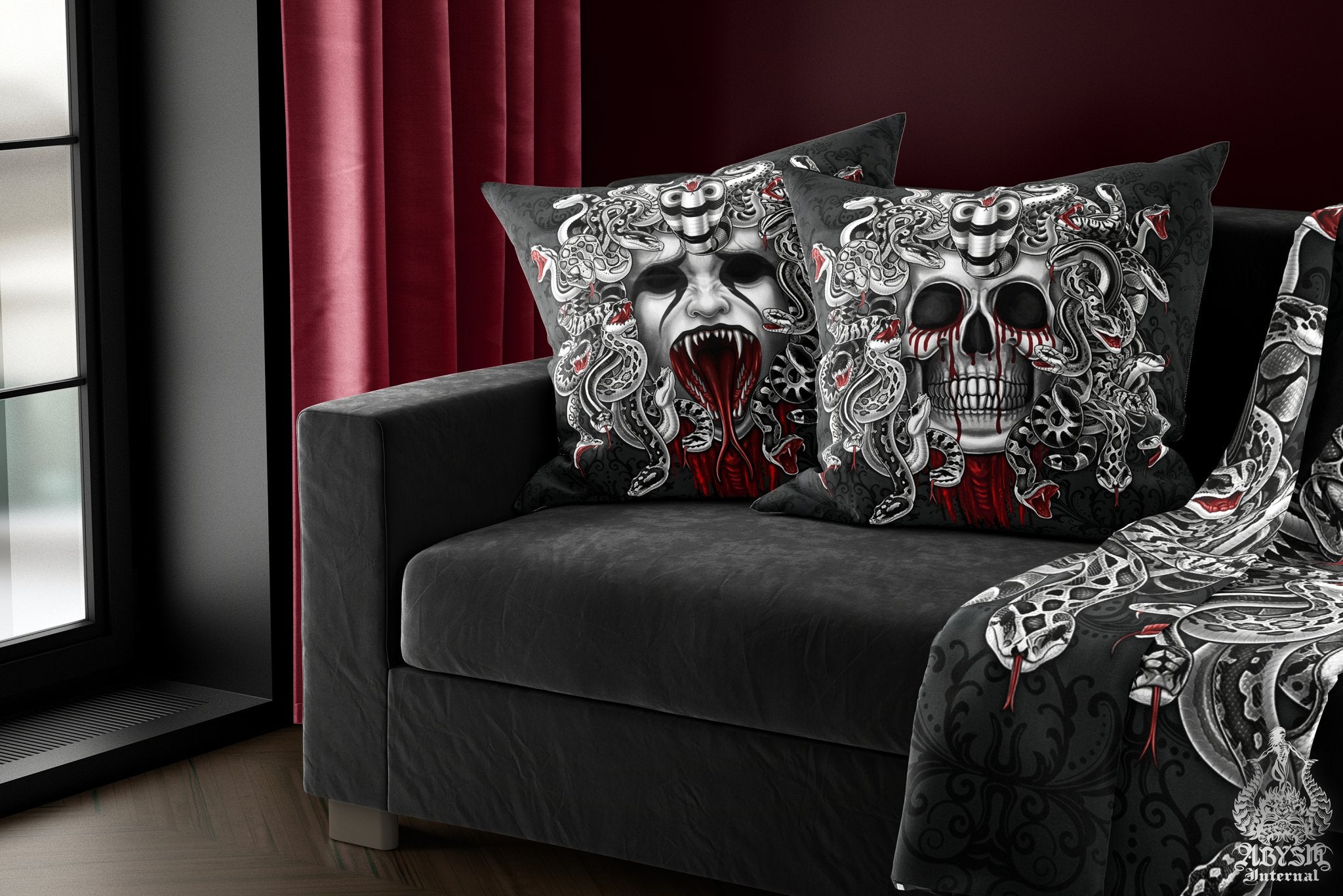 Skull Throw Pillow, Decorative Accent Pillow, Square Cushion Cover, Medusa, Nu Goth Black Room Decor, Macabre Art, Alternative Home - Gothic, 2 Faces, 3 Colors - Abysm Internal