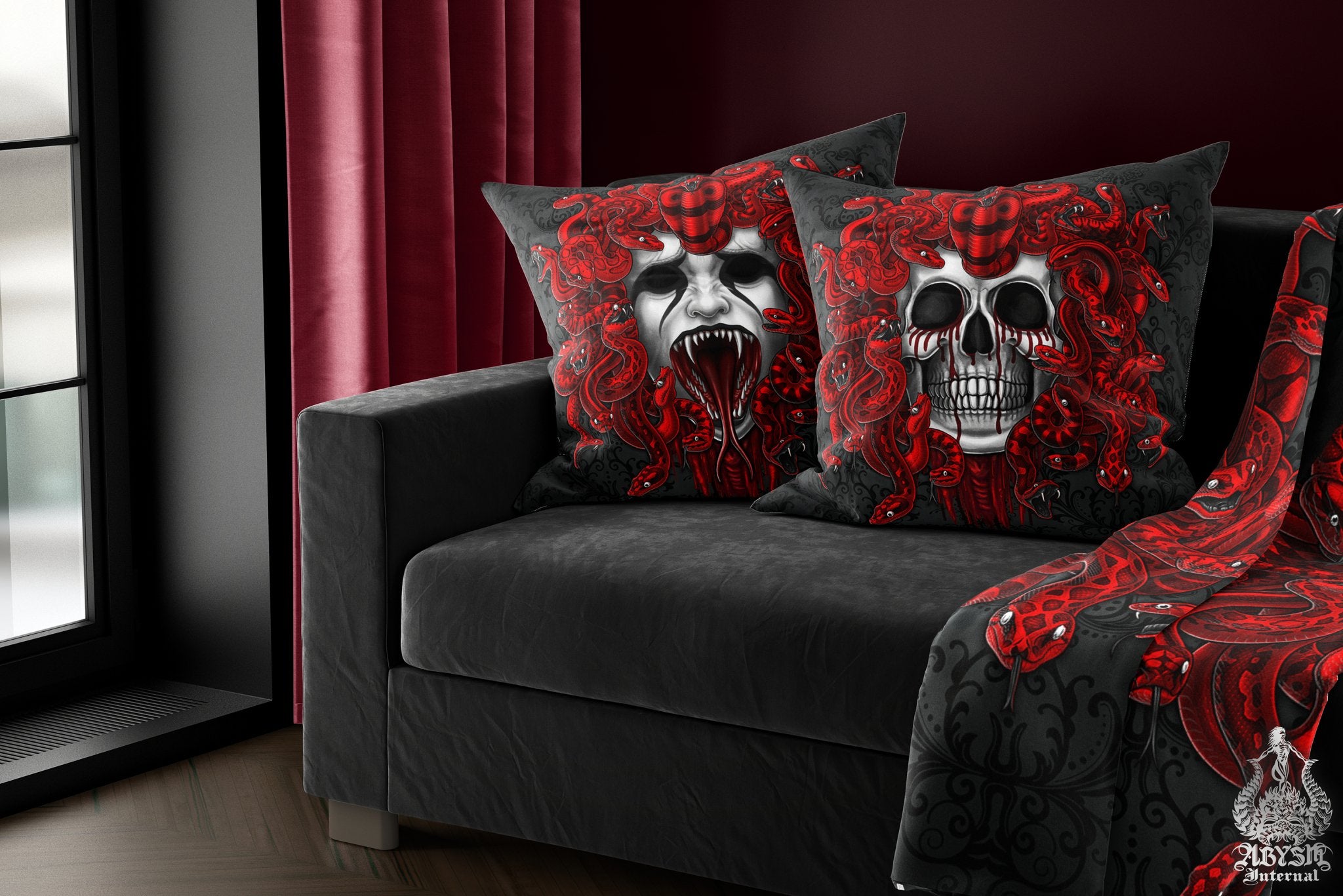 Skull Throw Pillow, Decorative Accent Pillow, Square Cushion Cover, Medusa, Nu Goth Black Room Decor, Macabre Art, Alternative Home - Gothic, 2 Faces, 3 Colors - Abysm Internal