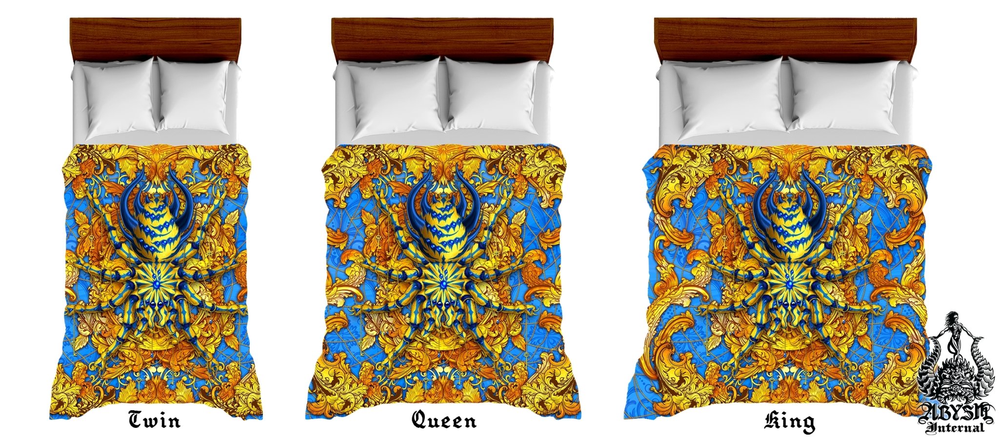 Spider Bedding Set, Comforter and Duvet, Bed Cover and Bedroom Decor, King, Queen and Twin Size - Tarantula Cyan and Gold - Abysm Internal