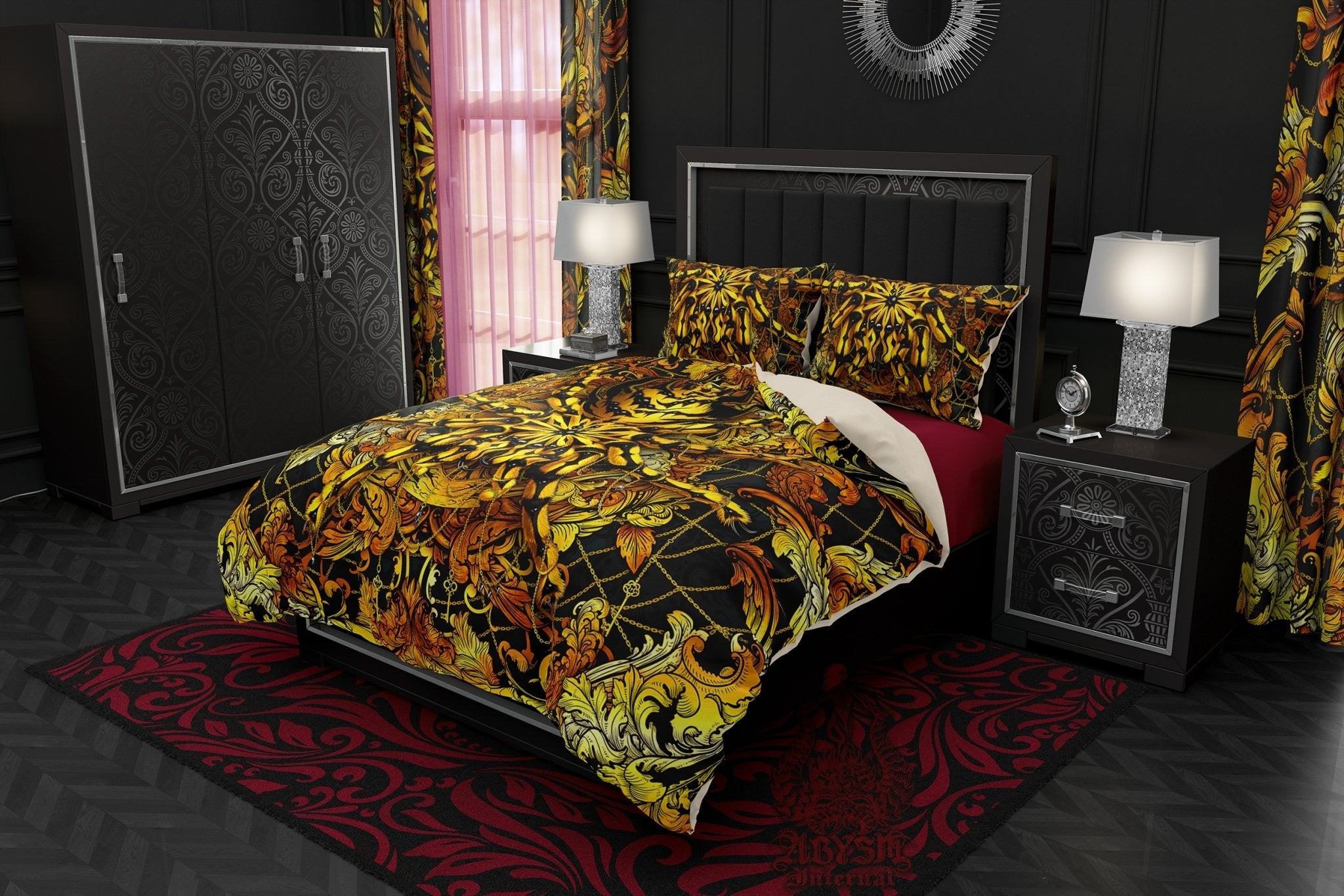 Spider Bedding Set, Comforter and Duvet, Bed Cover and Bedroom Decor, King, Queen and Twin Size - Tarantula Gold Black - Abysm Internal