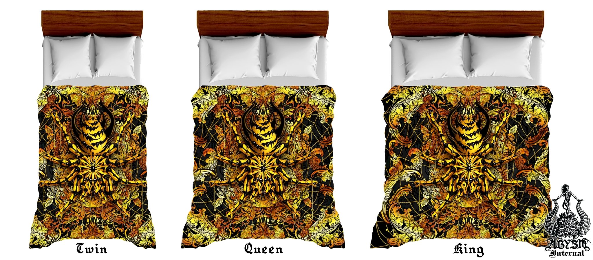 Spider Bedding Set, Comforter and Duvet, Bed Cover and Bedroom Decor, King, Queen and Twin Size - Tarantula Gold Black - Abysm Internal