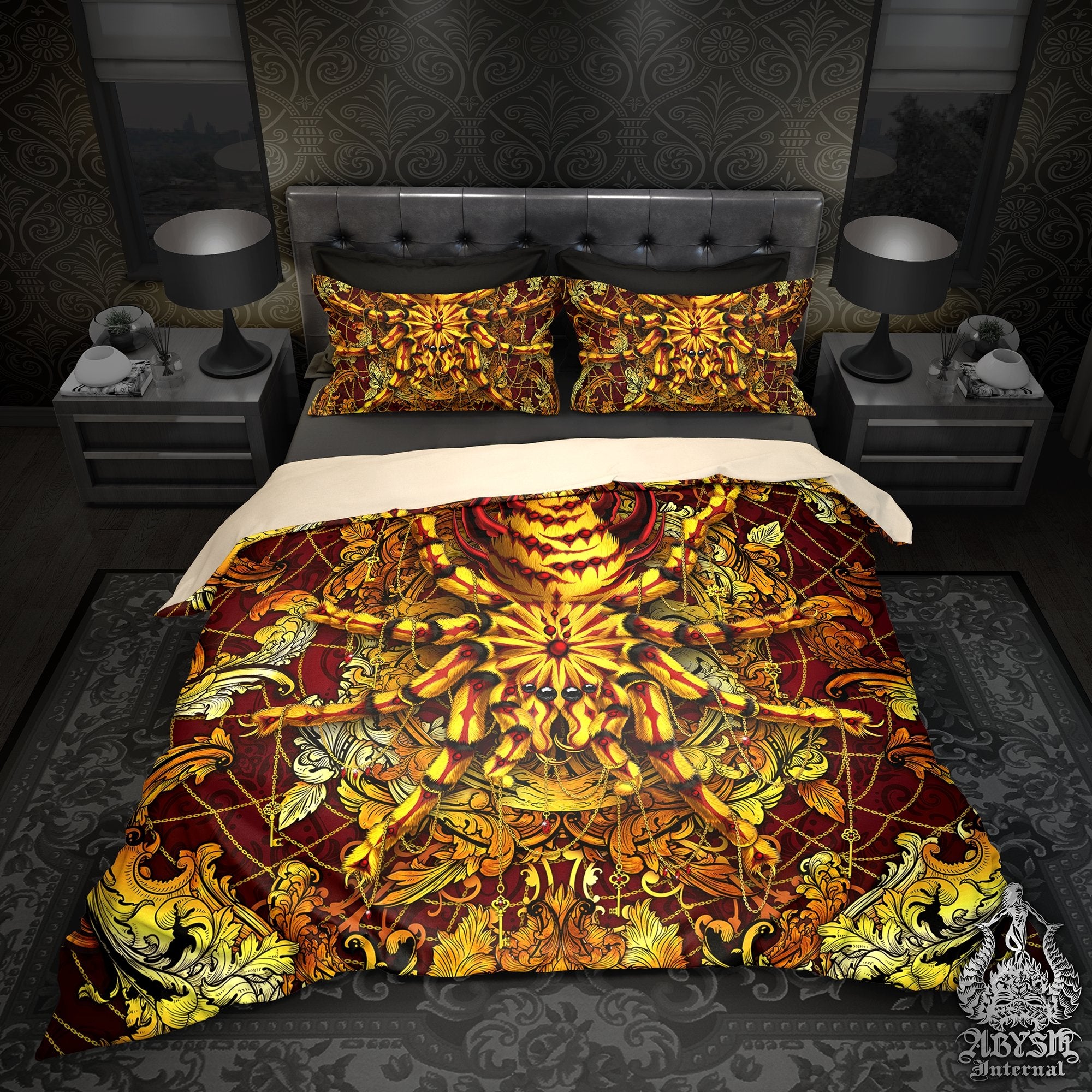 Spider Bedding Set, Comforter and Duvet, Bed Cover and Bedroom Decor, King, Queen and Twin Size - Tarantula Gold Red - Abysm Internal