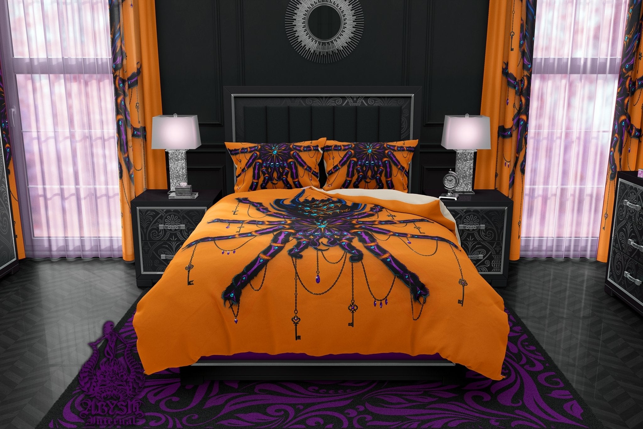 Spider Bedding Set, Comforter and Duvet, Bed Cover and Bedroom Decor, King, Queen and Twin Size - Tarantula Neon Goth - Abysm Internal