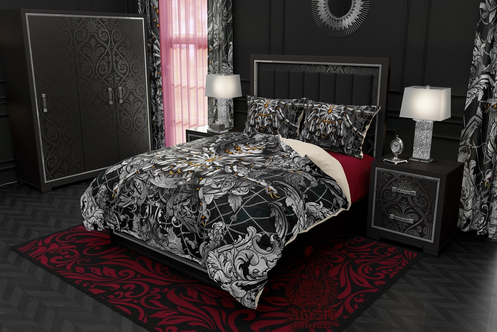 Spider Bedding Set, Comforter and Duvet, Bed Cover and Bedroom Decor, King, Queen and Twin Size - Tarantula Silver Black - Abysm Internal