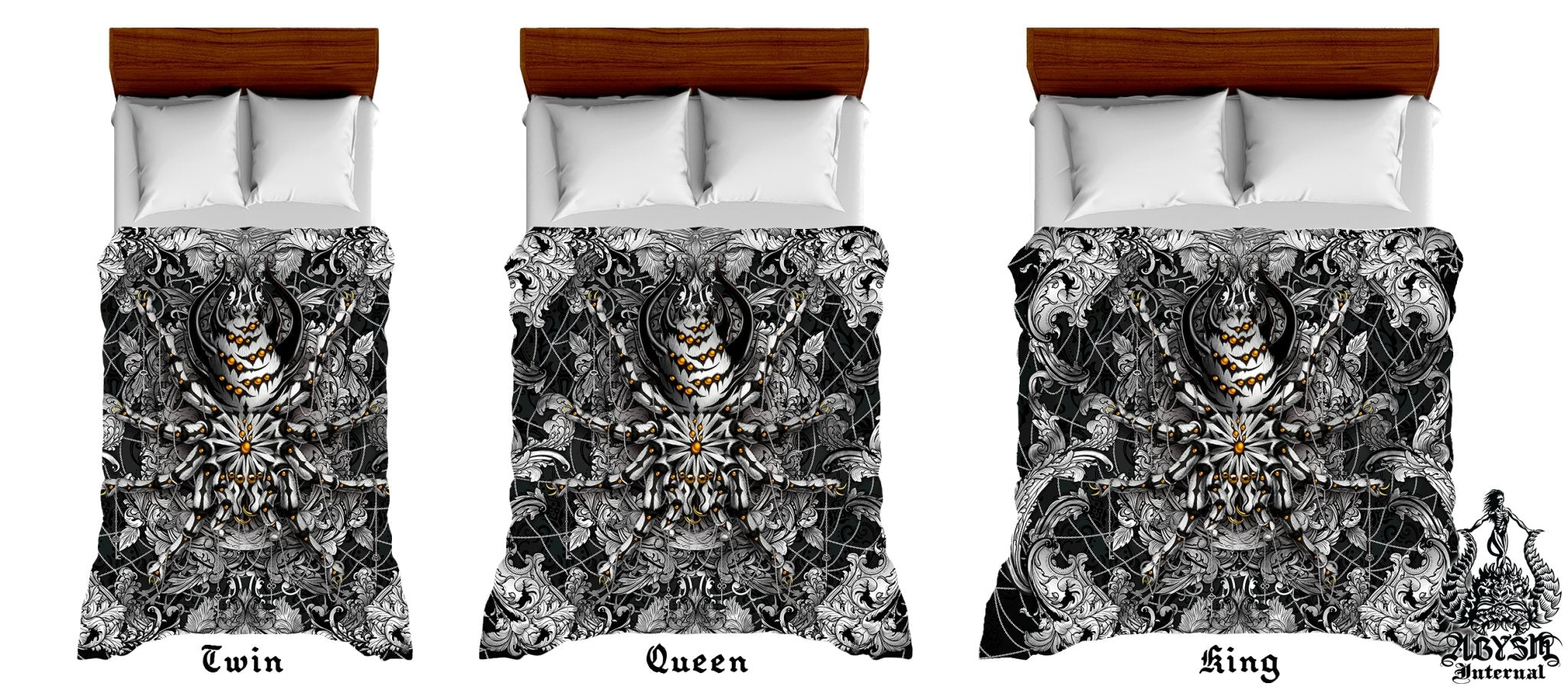 Spider Bedding Set, Comforter and Duvet, Bed Cover and Bedroom Decor, King, Queen and Twin Size - Tarantula Silver Black - Abysm Internal