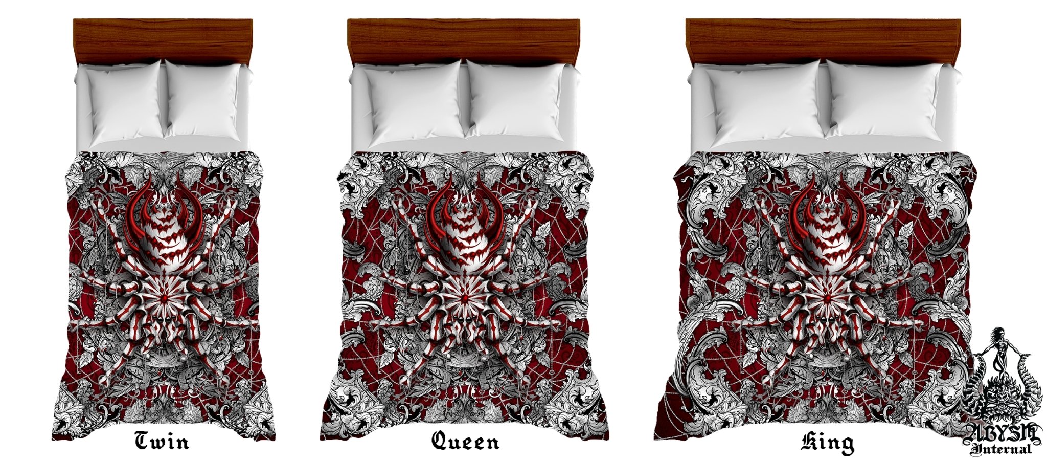 Spider Bedding Set, Comforter and Duvet, Bed Cover and Bedroom Decor, King, Queen and Twin Size - Tarantula Silver Red - Abysm Internal