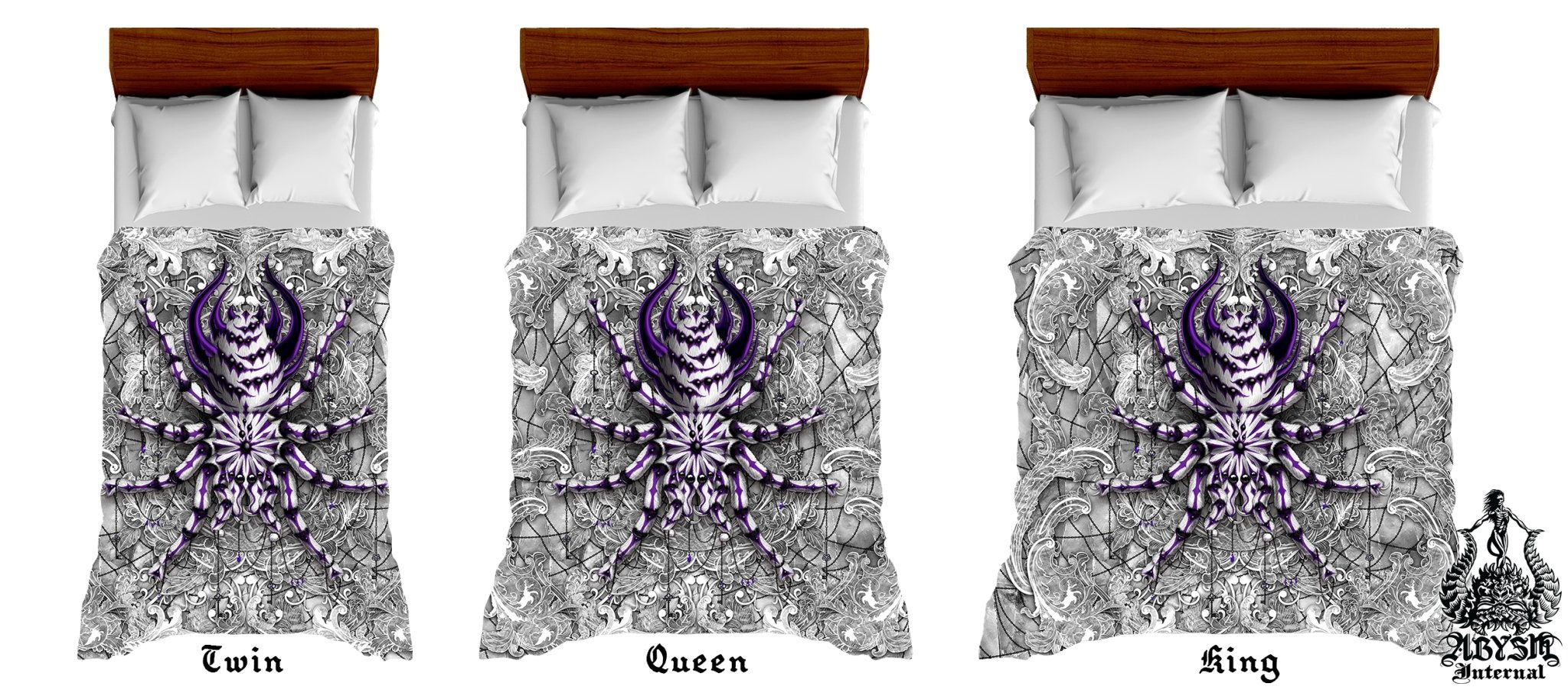 Spider Bedding Set, Comforter and Duvet, Bed Cover and Bedroom Decor, King, Queen and Twin Size - Tarantula White Goth, Stone Purple - Abysm Internal