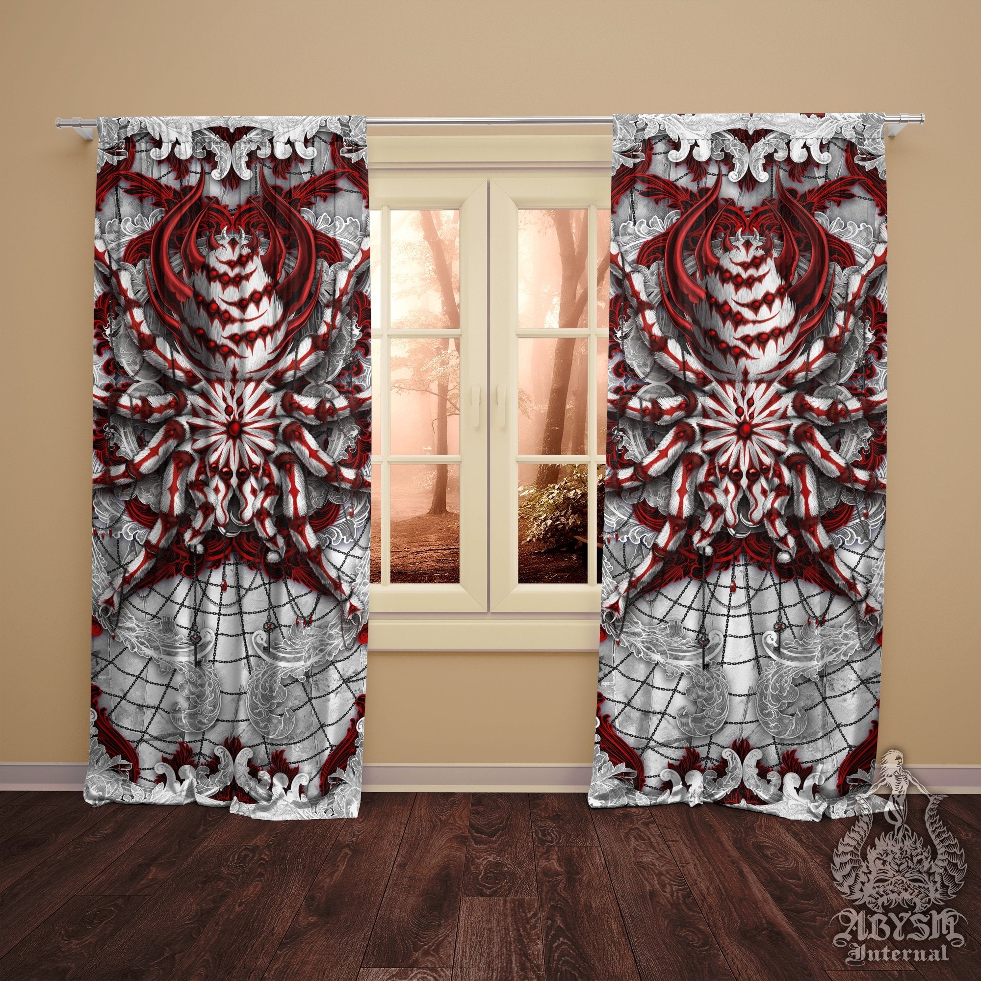 Spider Blackout Curtains, Long Window Panels, Dark Art Print, Gothic Home Decor - Tarantula, Bloody White Goth - Abysm Internal