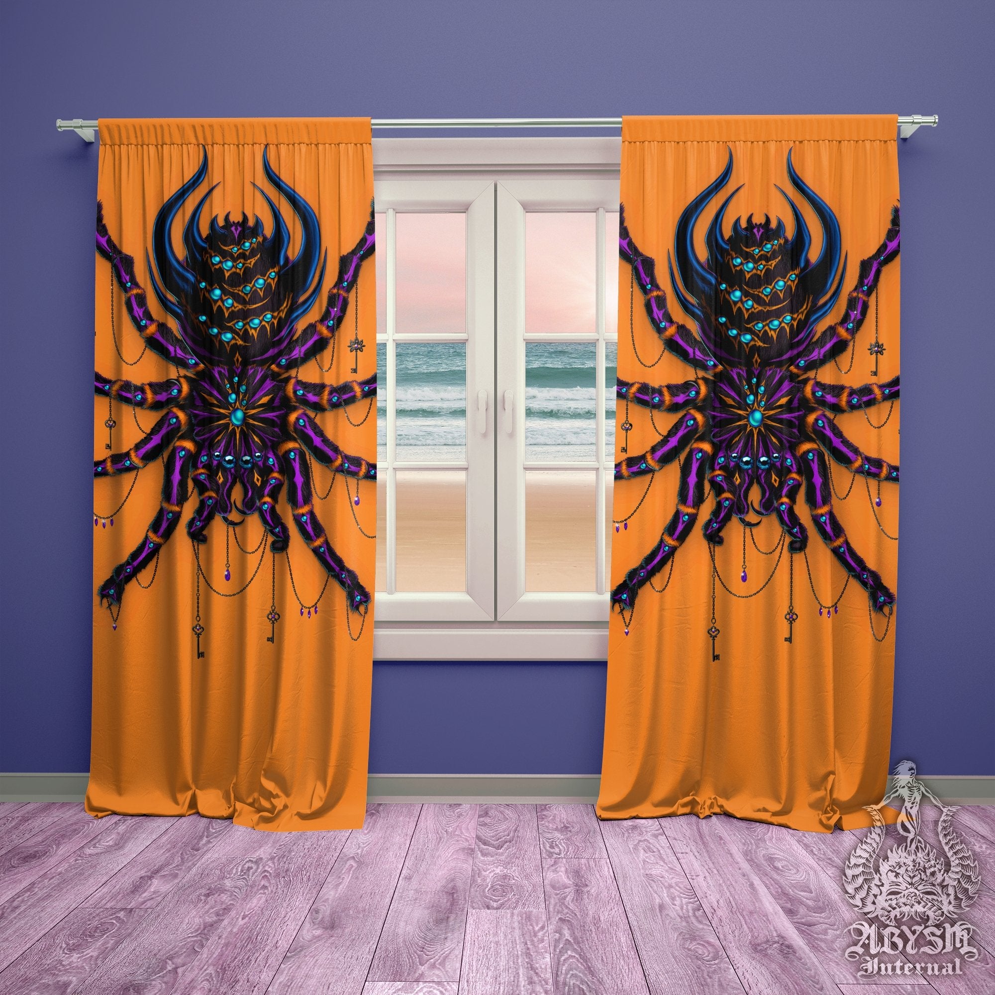 Spider Blackout Curtains, Long Window Panels, Dark Art Print, Halloween Home Decor, Funky and Eclectic Home Decor - Tarantula, Neon Goth - Abysm Internal