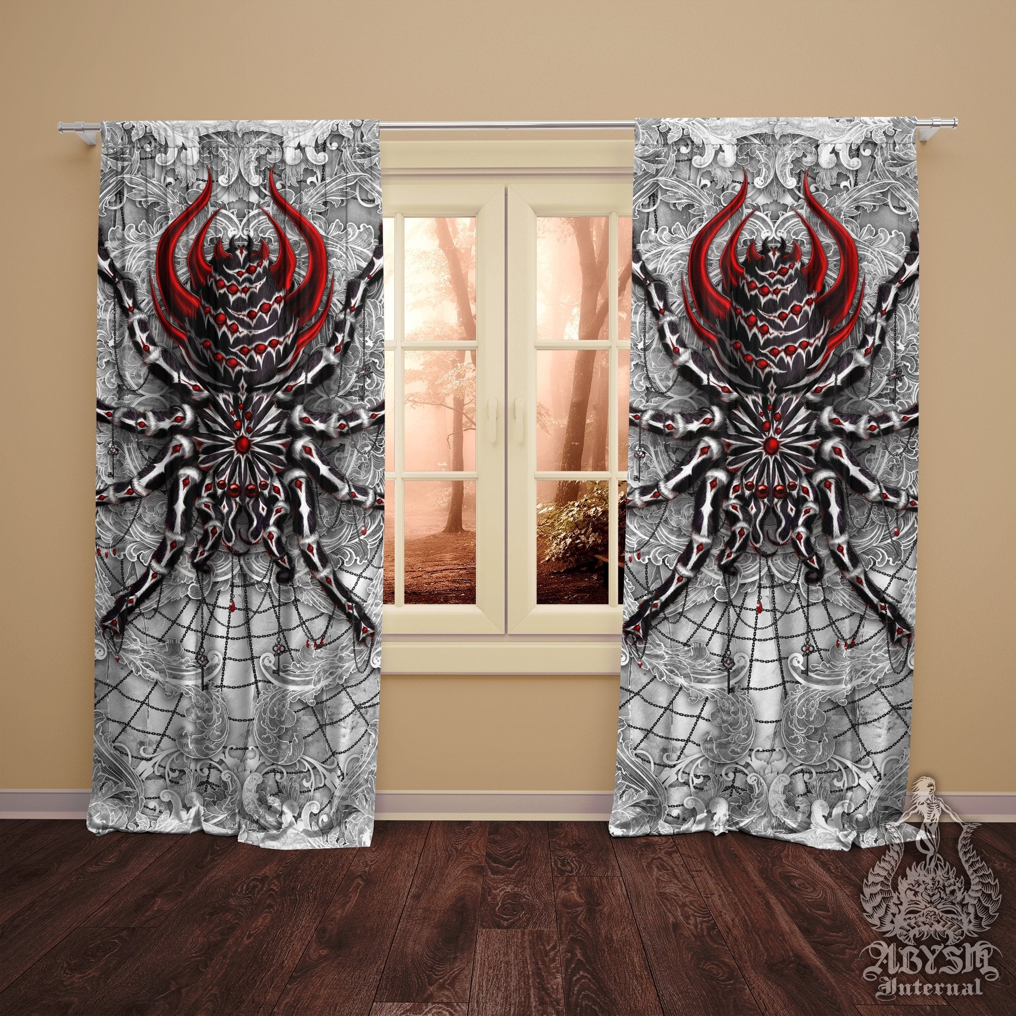 Spider Blackout Curtains, Long Window Panels, Dark Art Print, White Goth Home Decor - Tarantula, Stone Black and Red - Abysm Internal