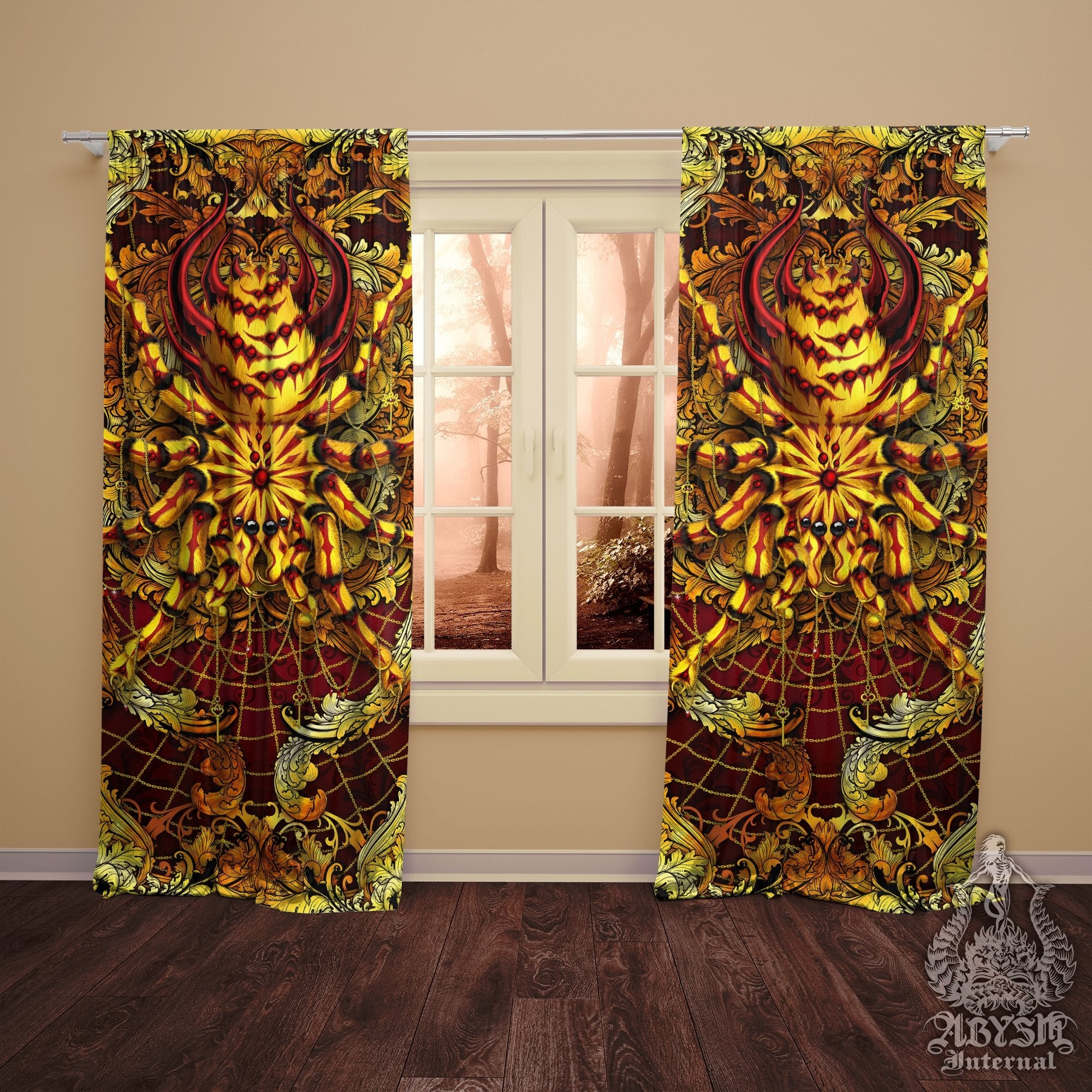 Spider Blackout Curtains, Long Window Panels, Goth Art Print, Fantasy Room Decor - Tarantula, Gold Red - Abysm Internal