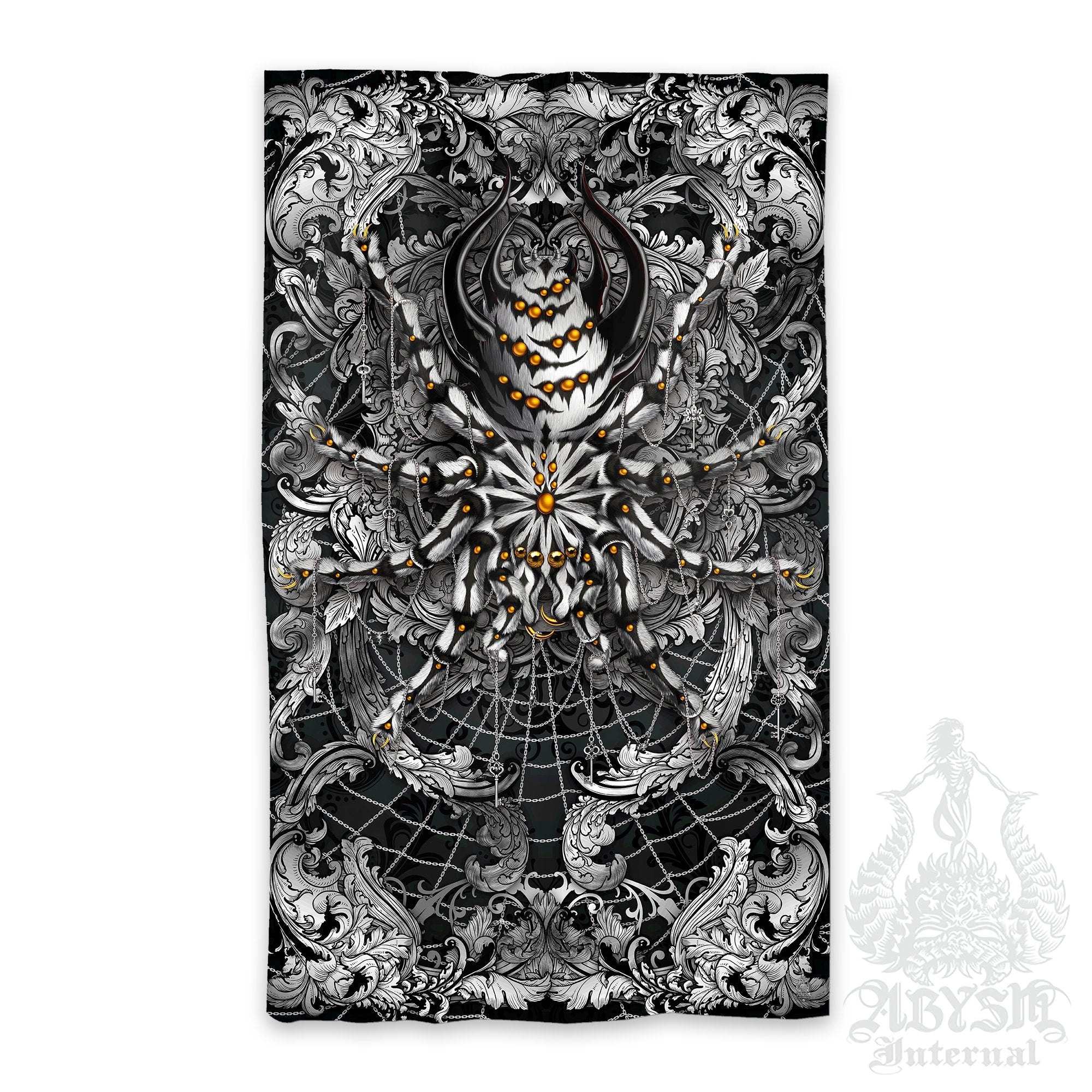Spider Blackout Curtains, Long Window Panels, Goth Art Print, Fantasy Room Decor - Tarantula, Silver Black - Abysm Internal