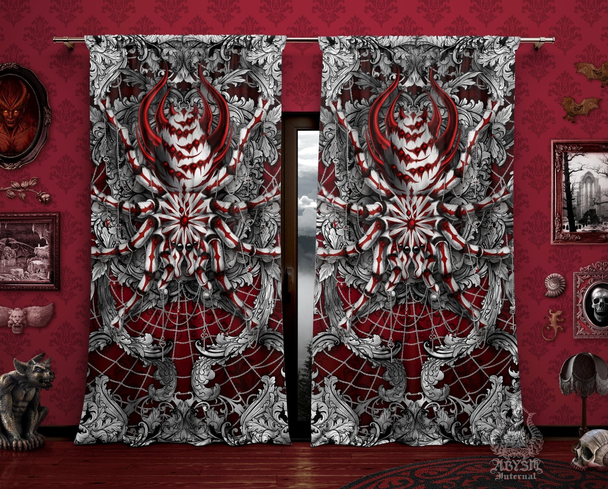 Spider Blackout Curtains, Long Window Panels, Goth Art Print, Fantasy Room Decor - Tarantula, Silver Red - Abysm Internal