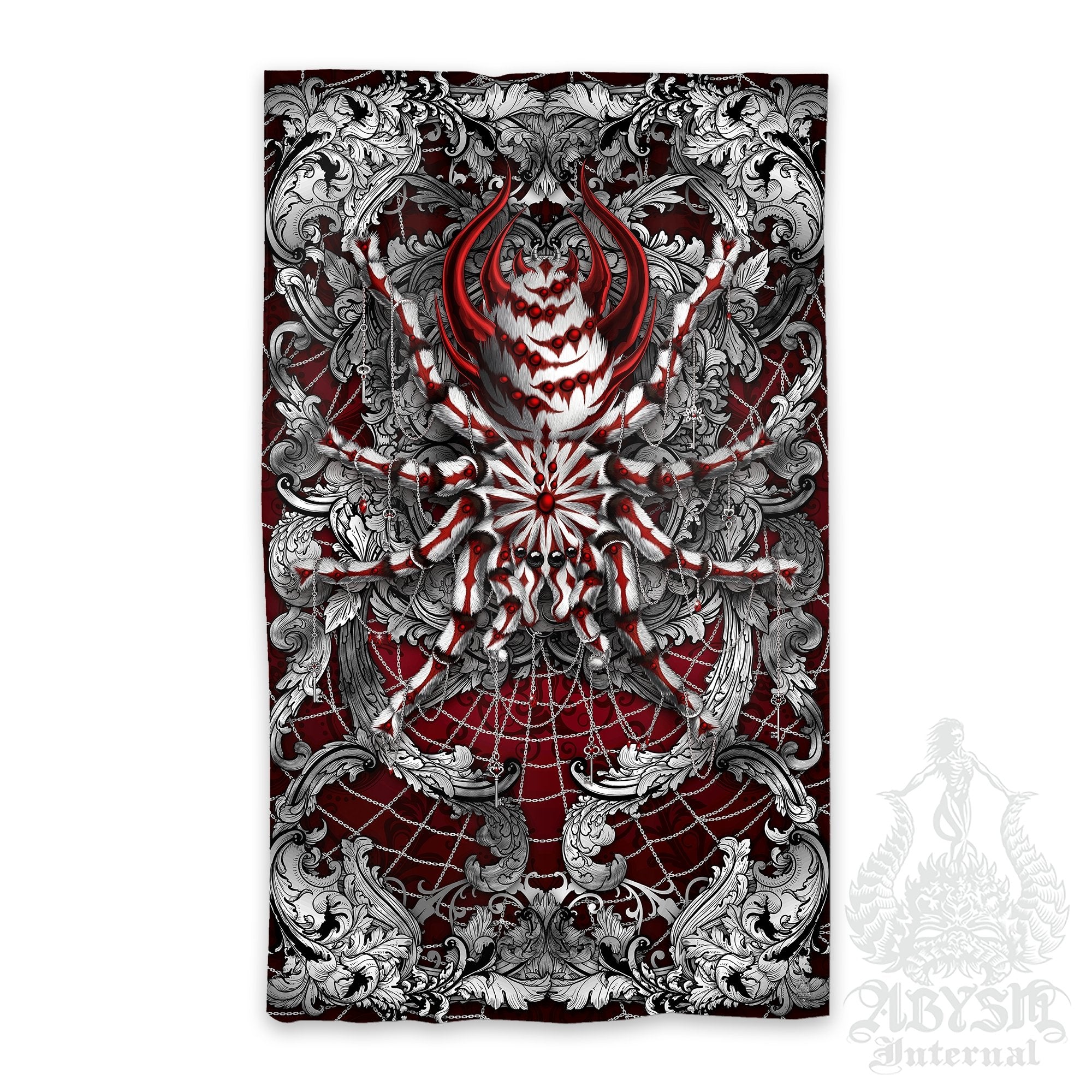 Spider Blackout Curtains, Long Window Panels, Goth Art Print, Fantasy Room Decor - Tarantula, Silver Red - Abysm Internal