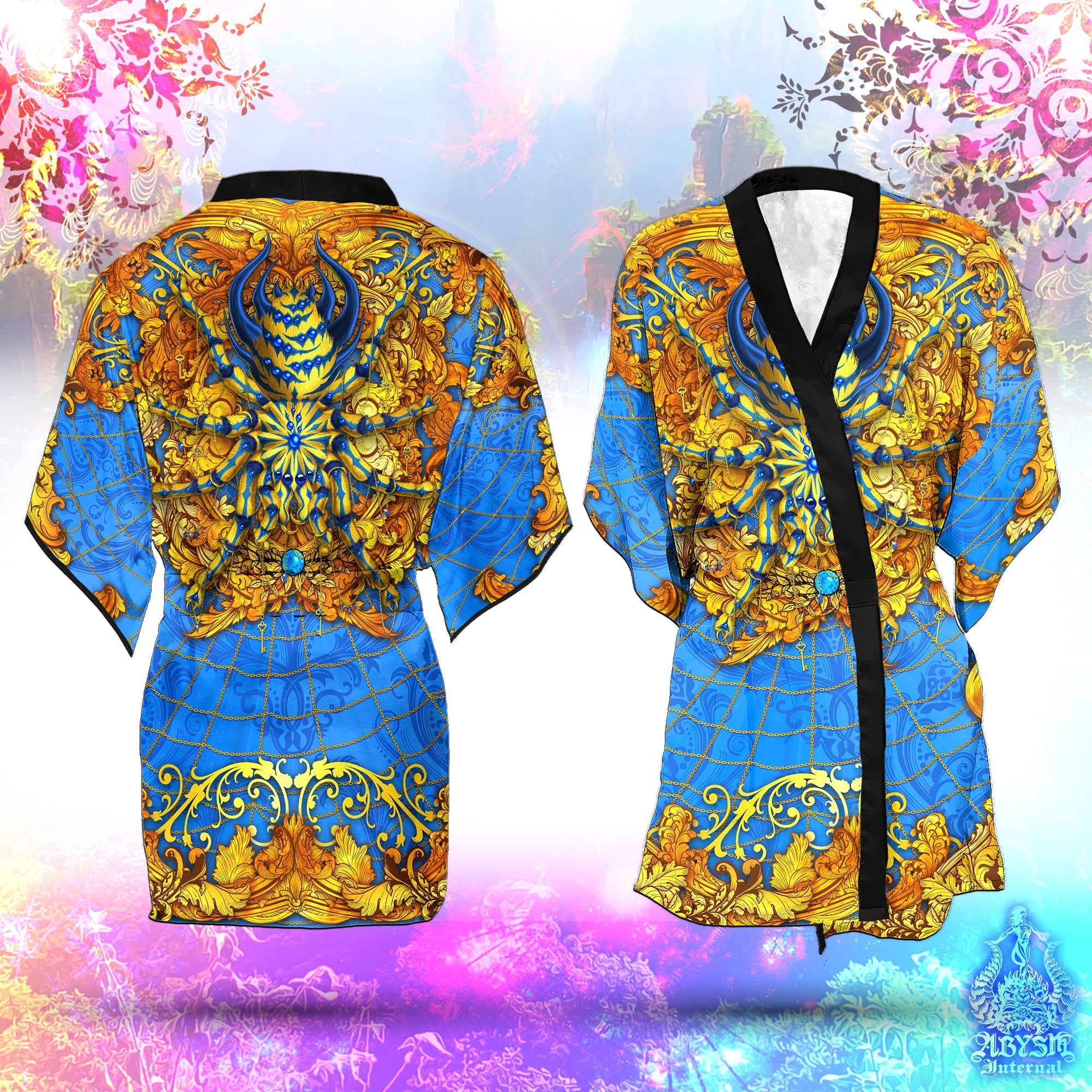 Spider Cover Up, Beach Outfit, Party Kimono, Summer Festival Robe, Indie and Alternative Clothing, Unisex - Tarantula, Cyan and Gold - Abysm Internal